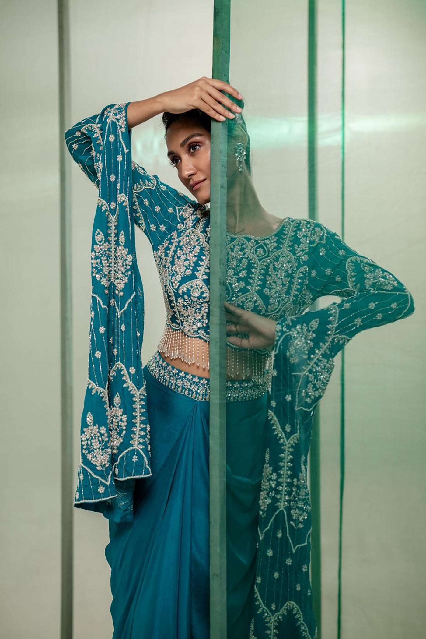 Teal Majesty Embroidered Drape Ensemble