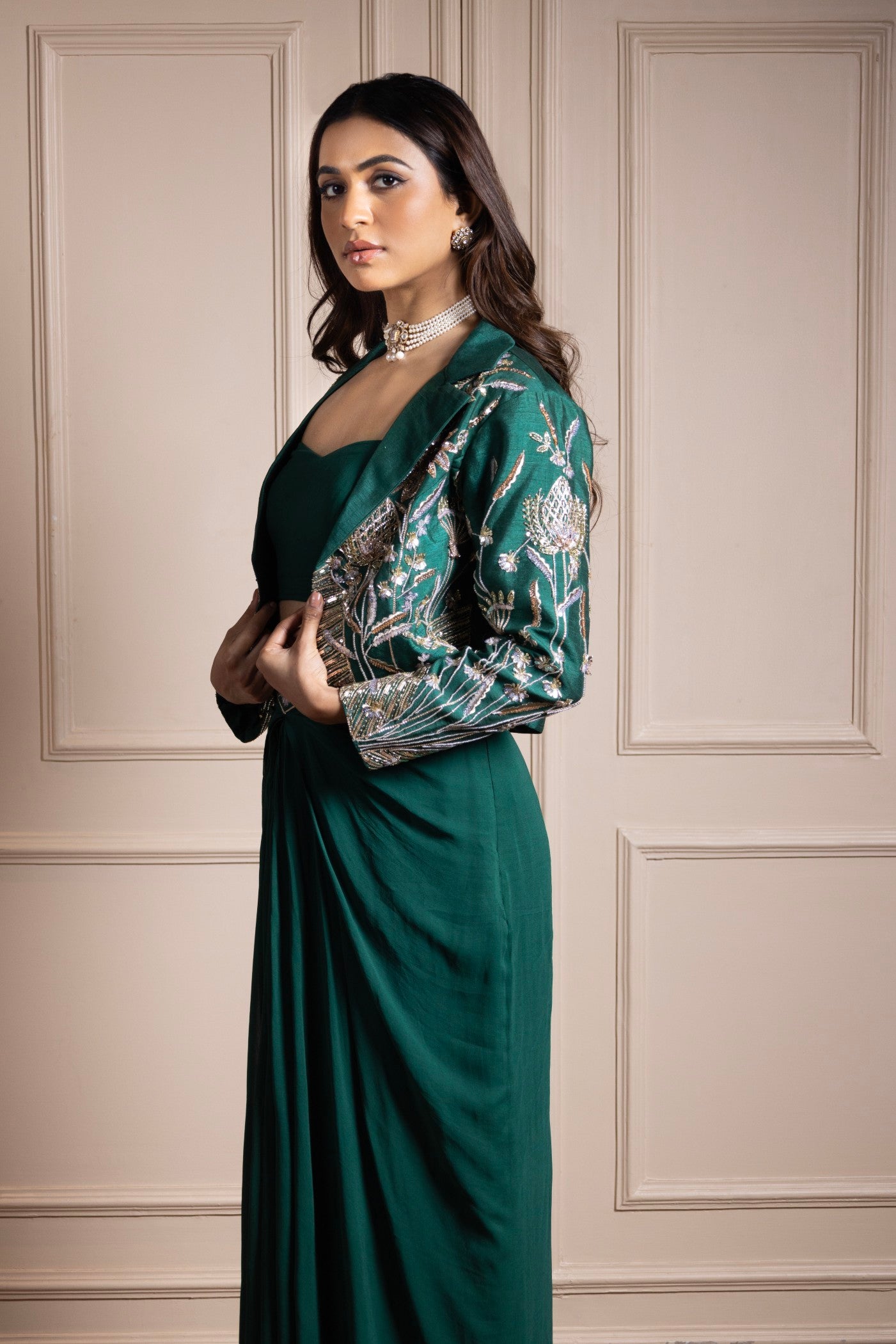 Emerald Enchanté Embroidered Jacket Ensemble (RTS)