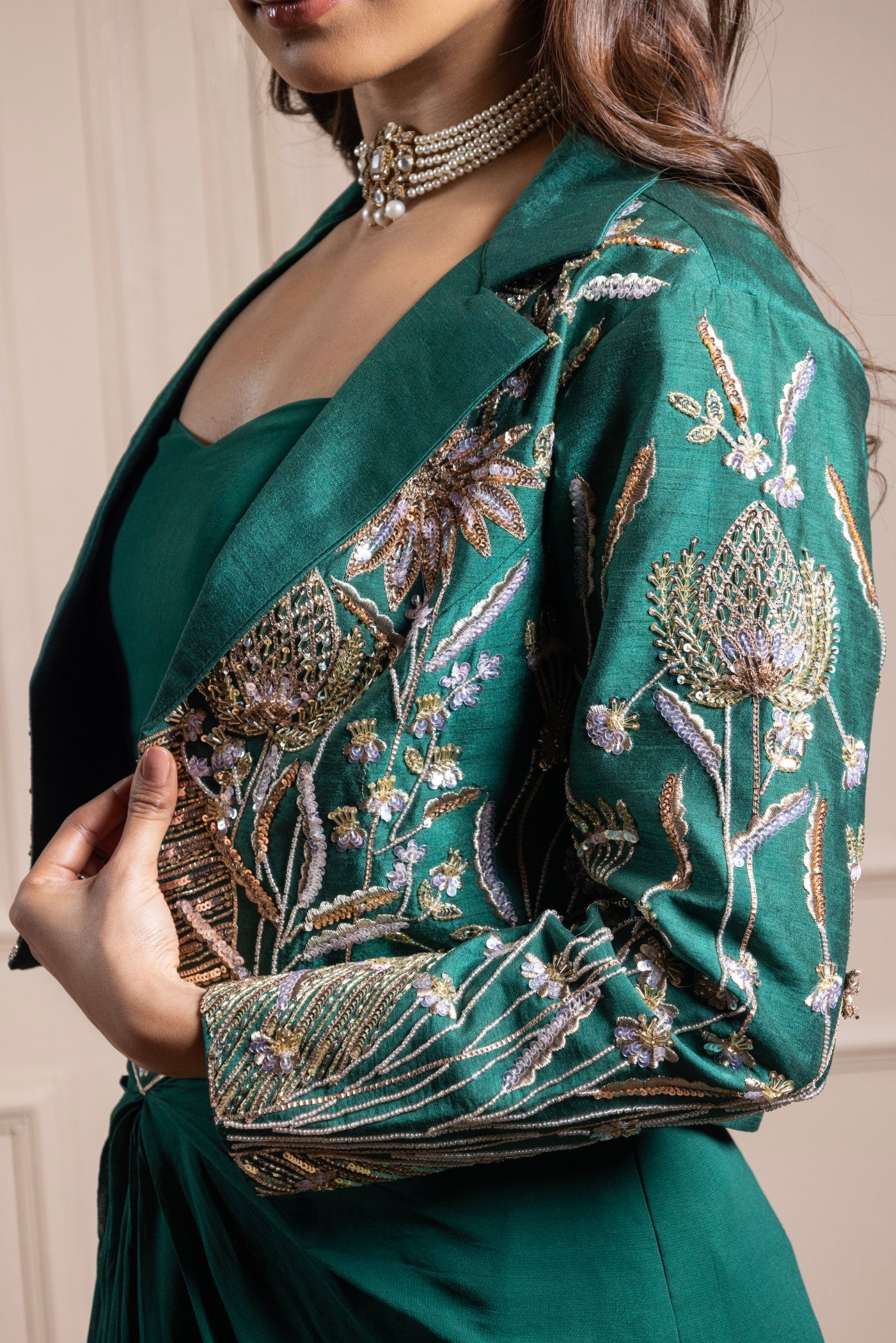 Emerald Enchanté Embroidered Jacket Ensemble