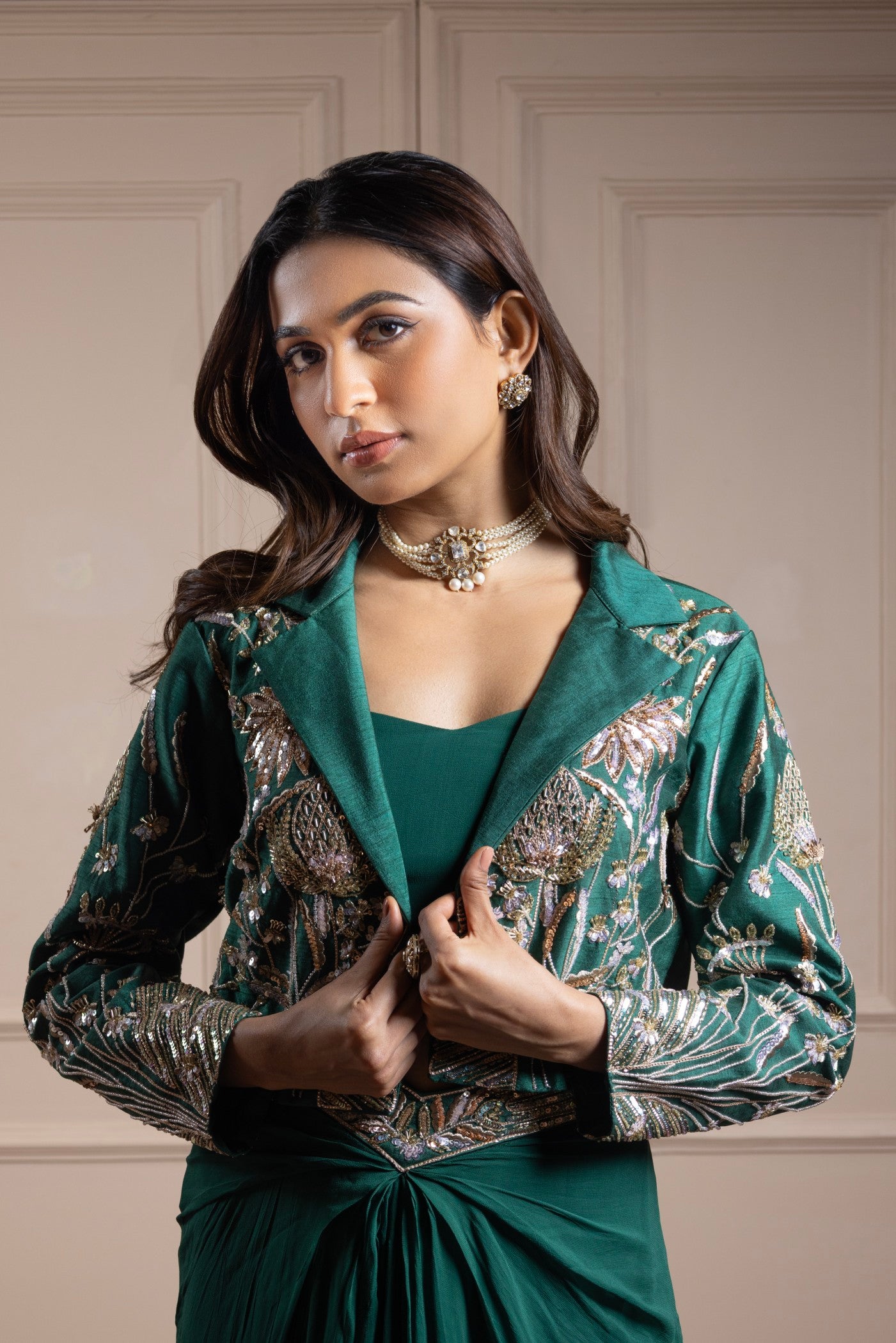Emerald Enchanté Embroidered Jacket Ensemble