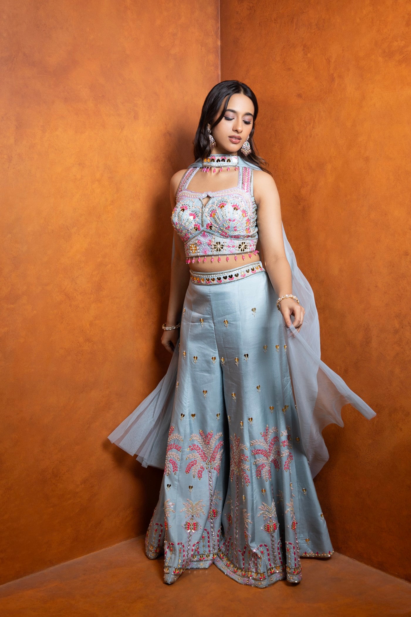 Celestial Bloom Embroidered Palazzo Set