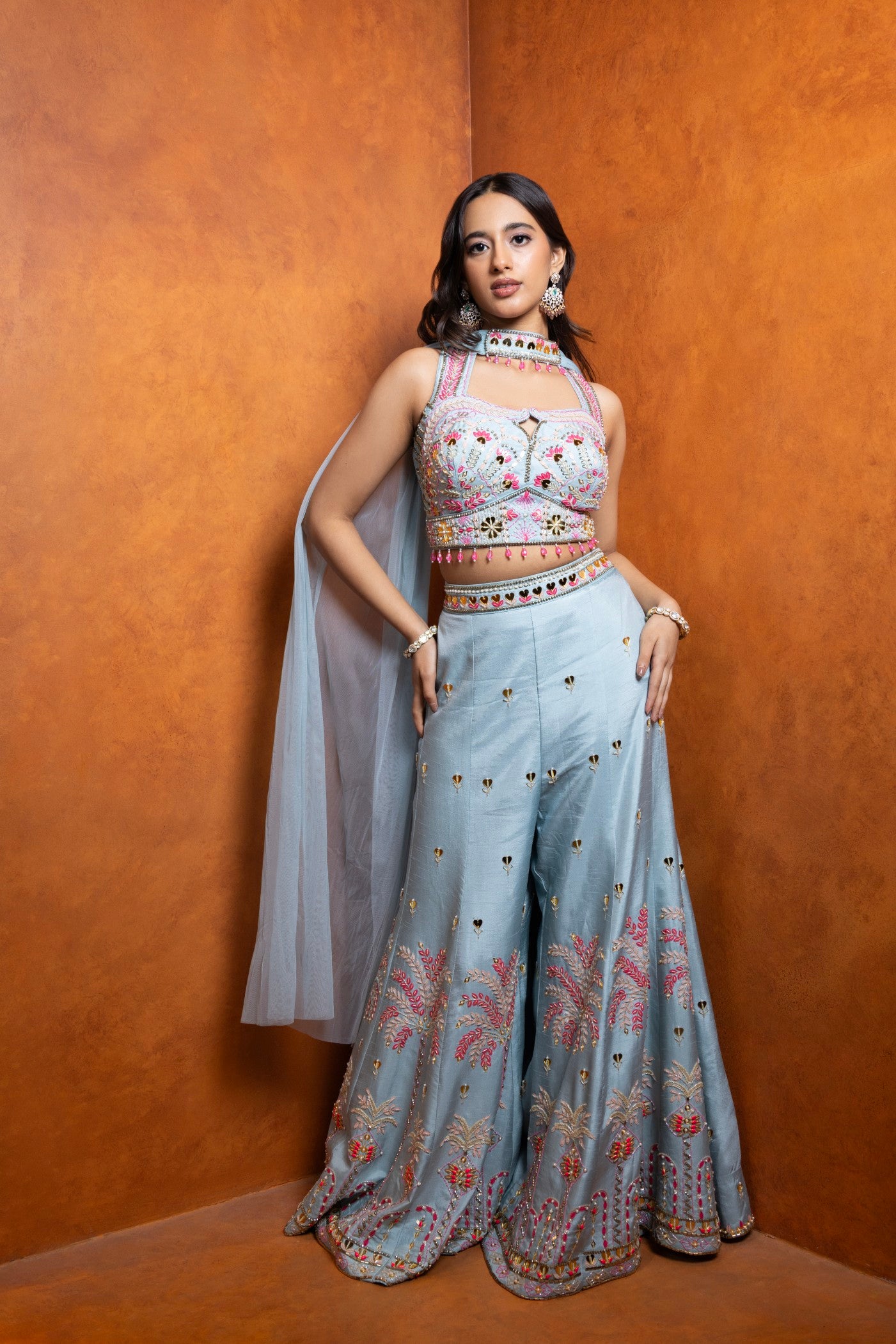 Celestial Bloom Embroidered Palazzo Set