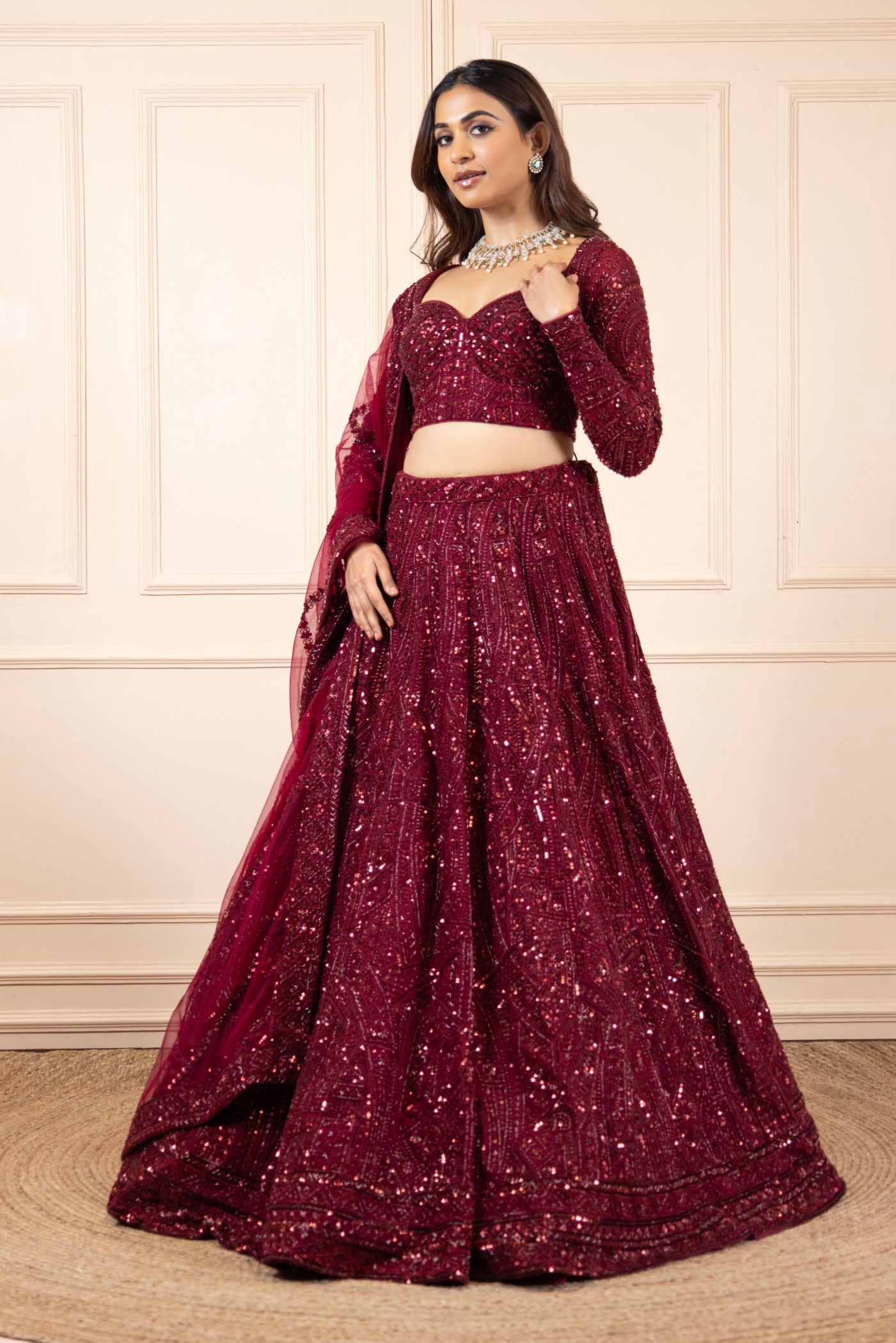 Regal Ruby Hand-Embroidered Bridal Lehenga Set (RTS)
