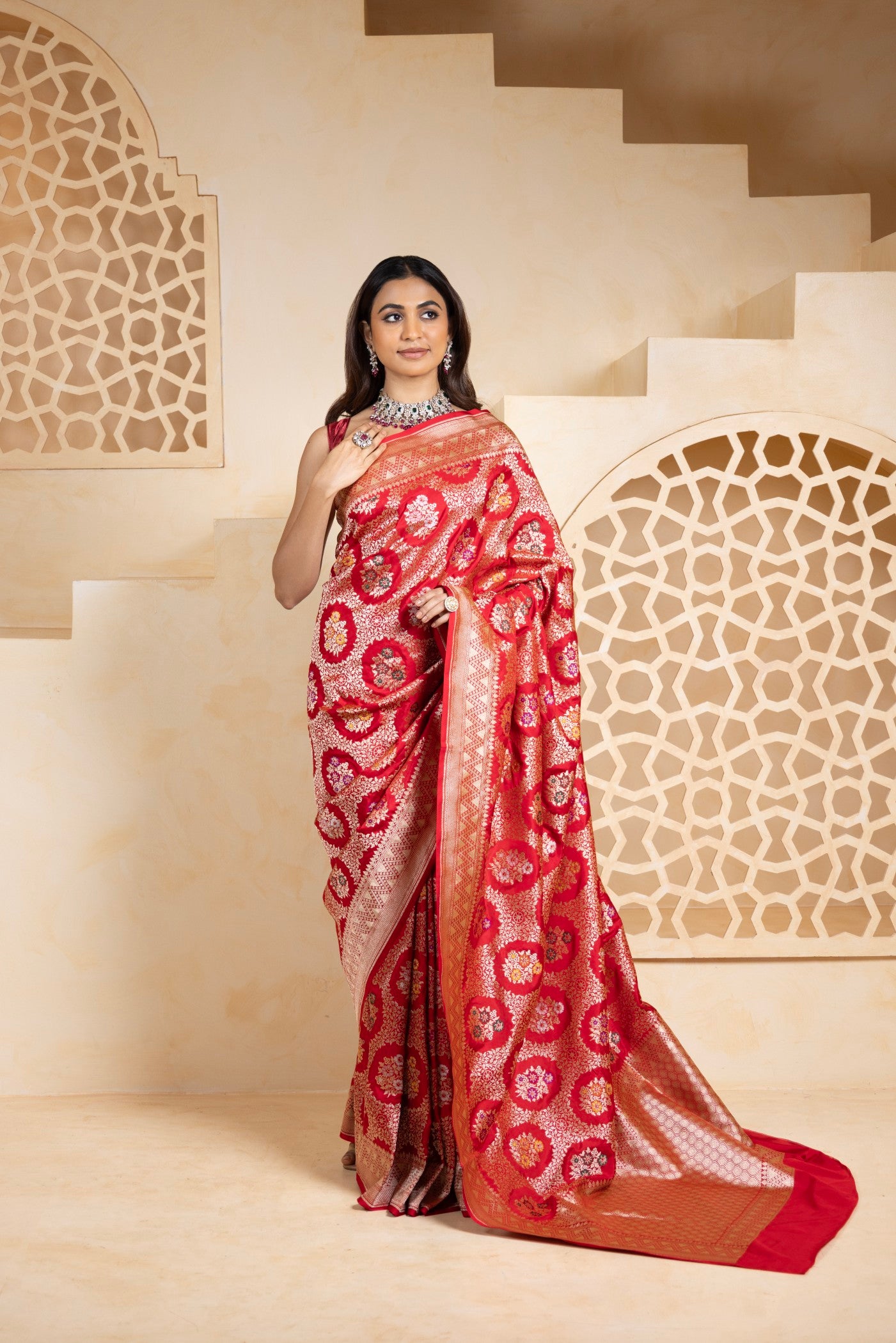 Regal Red Banarasi Silk Saree with Intricate Floral Zari Weaving
