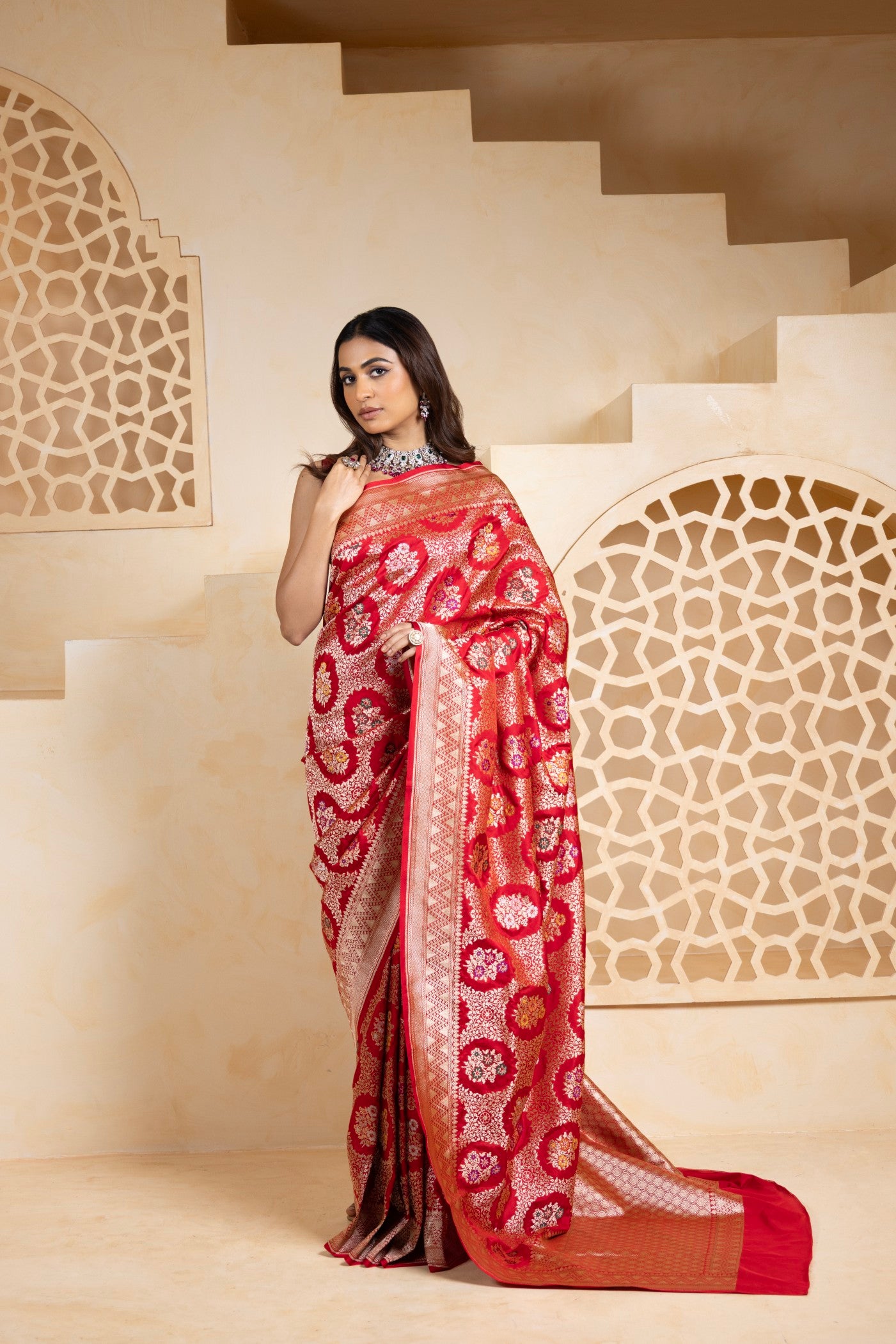 Regal Red Banarasi Silk Saree with Intricate Floral Zari Weaving