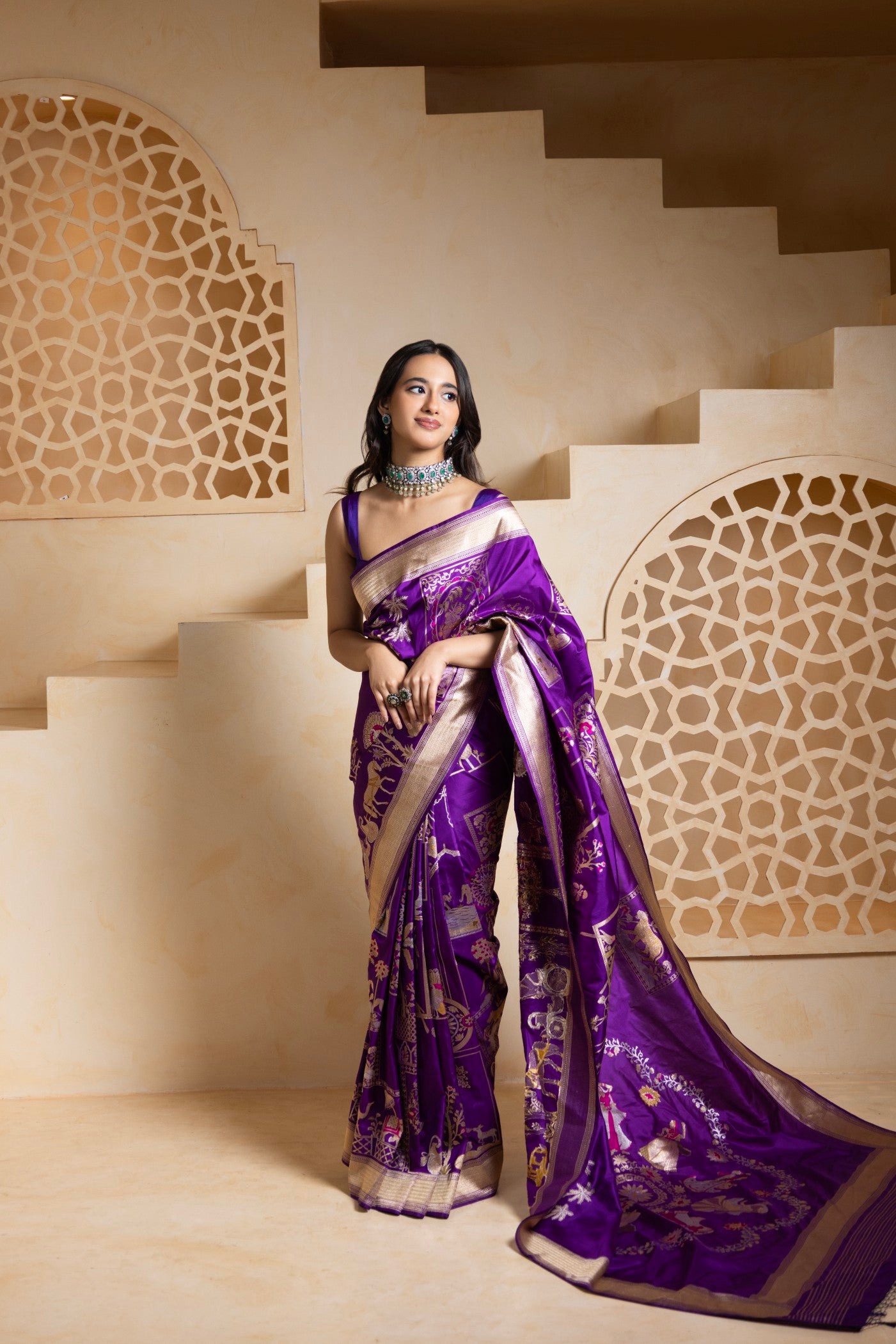 Royal Purple Banarasi Saree with Intricate Folk Motifs