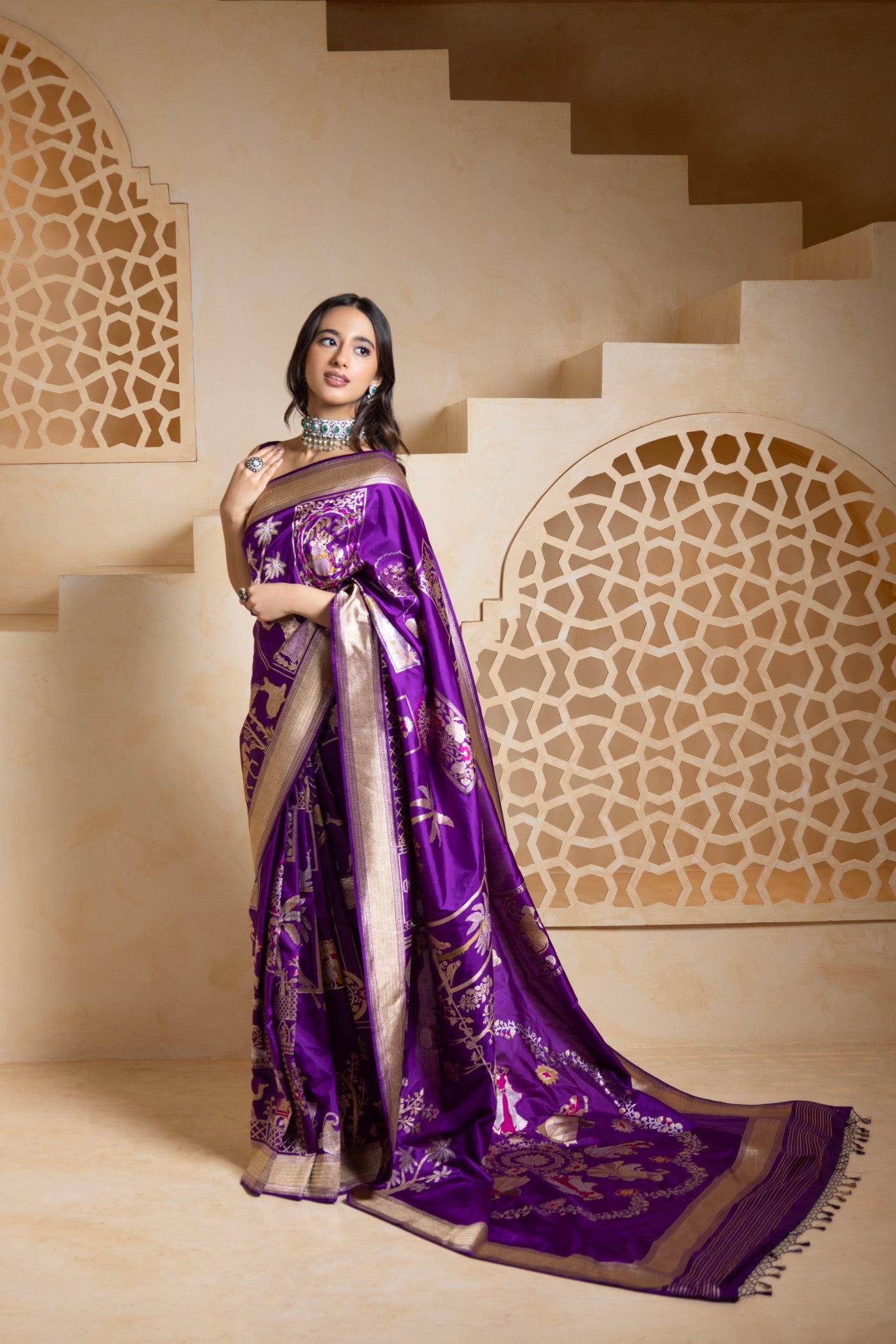 Royal Purple Banarasi Saree with Intricate Folk Motifs