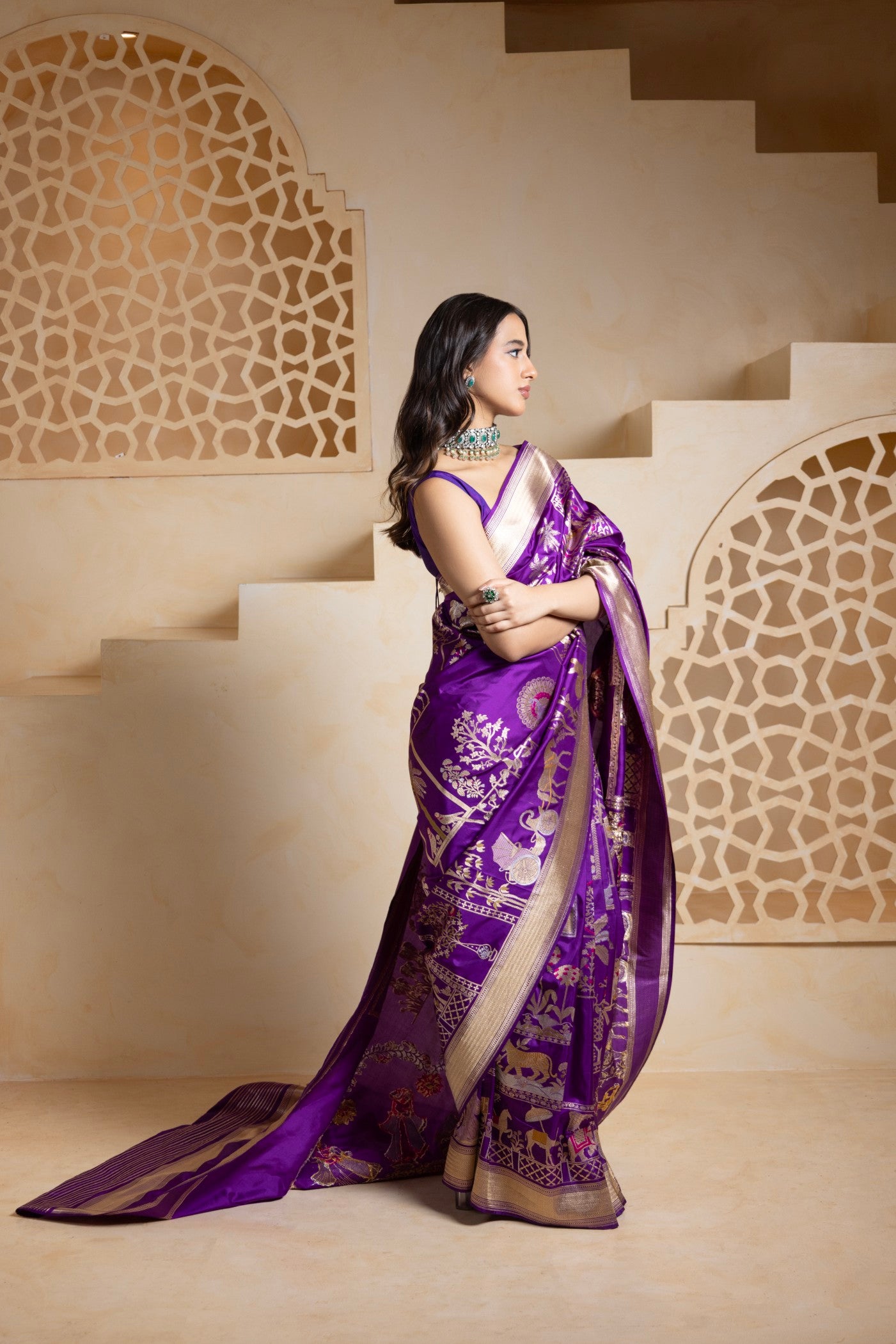 Royal Purple Banarasi Saree with Intricate Folk Motifs