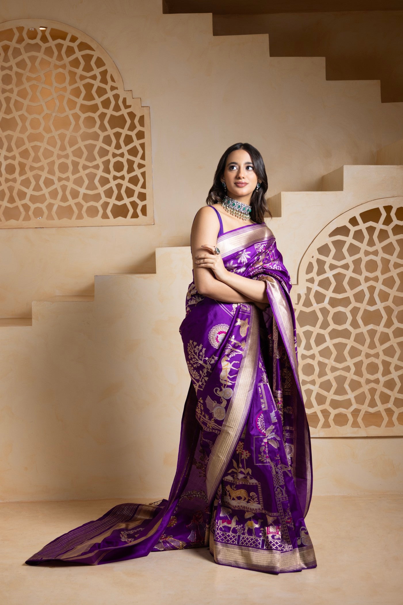 Royal Purple Banarasi Saree with Intricate Folk Motifs