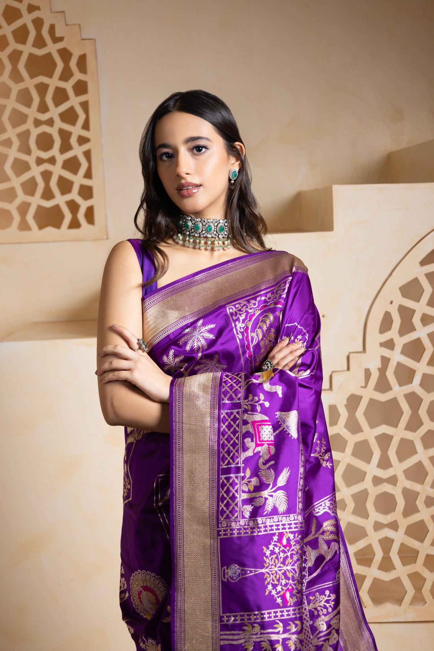 Royal Purple Banarasi Saree with Intricate Folk Motifs
