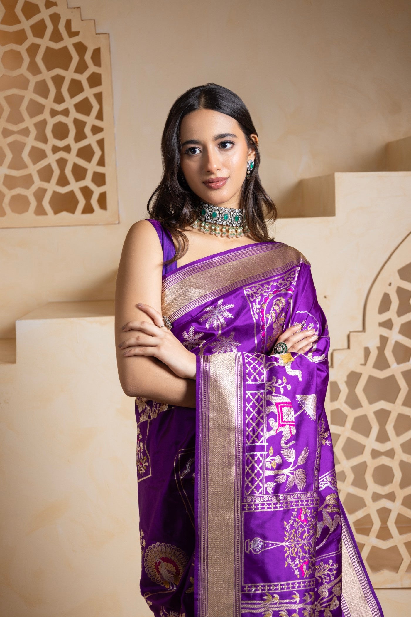 Royal Purple Banarasi Saree with Intricate Folk Motifs