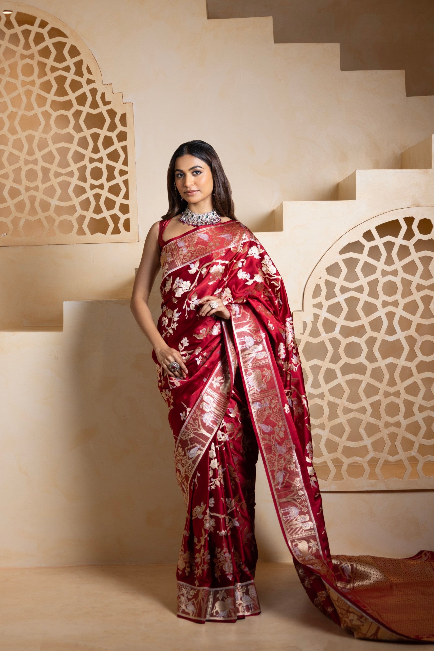 Regal Maroon Banarasi Saree with Golden Zari Floral and Folk Weave