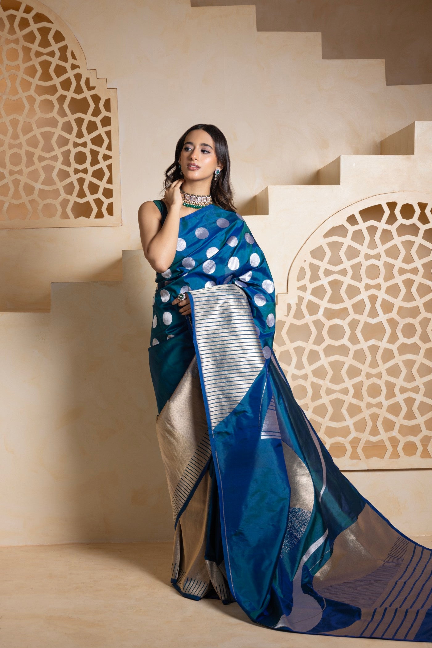 Midnight Blue Contemporary Silk Saree with Silver Bird Motif