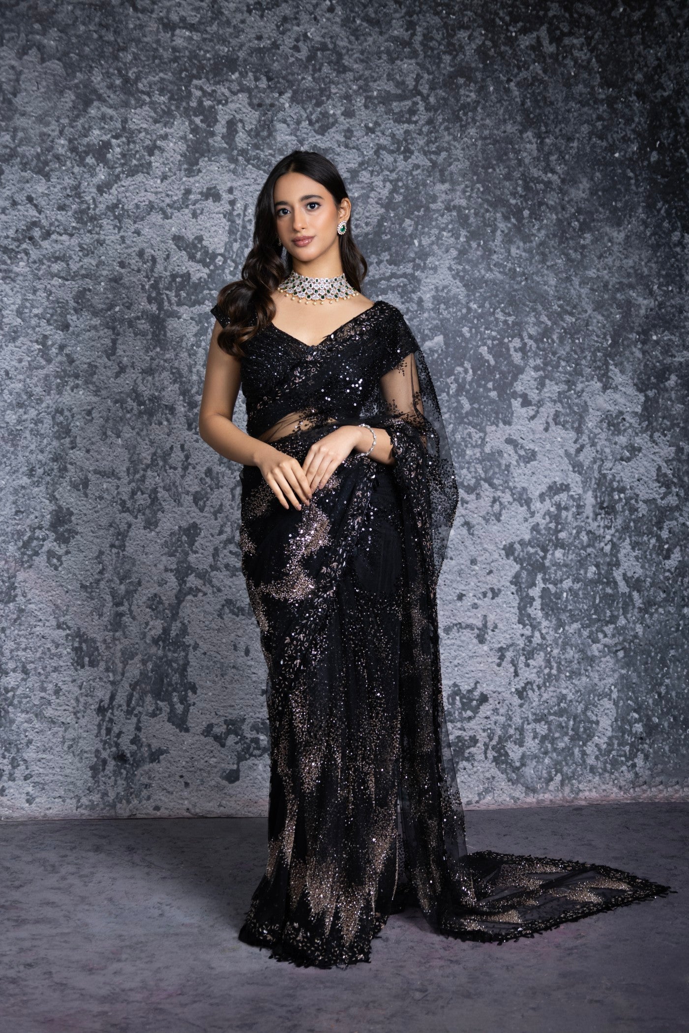 Midnight Noir Sequin Embellished Net Saree