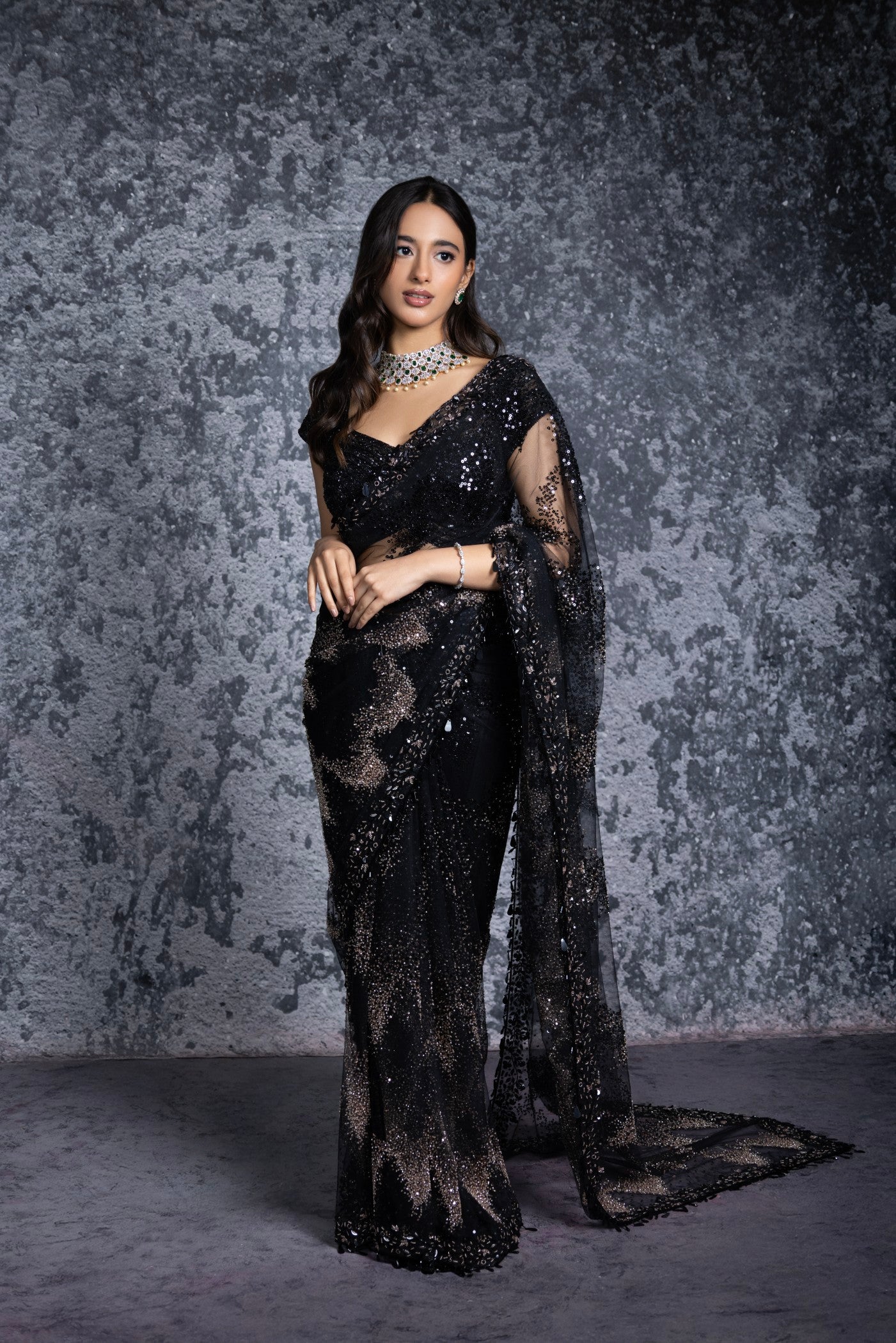 Midnight Noir Sequin Embellished Net Saree