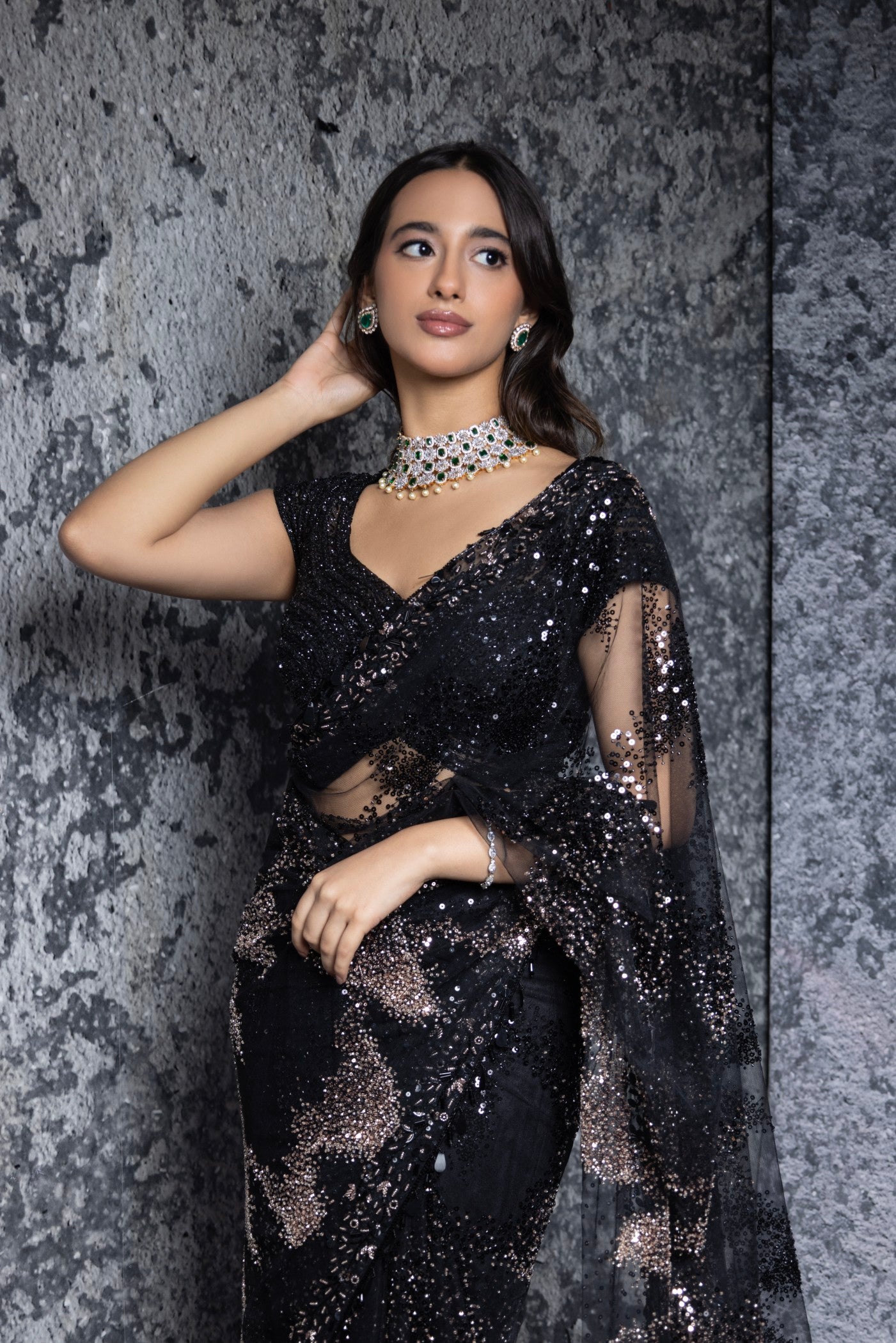 Midnight Noir Sequin Embellished Net Saree