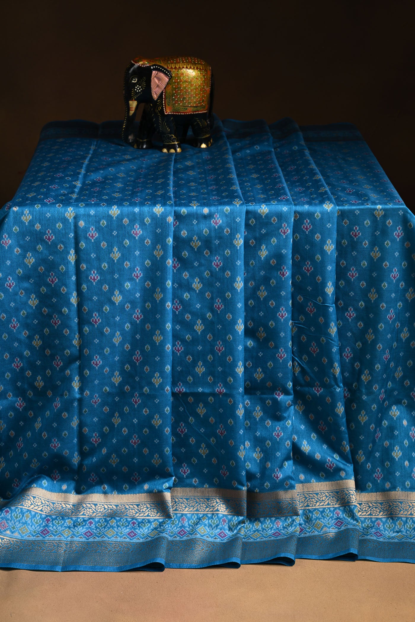 Blue Cotton Silk Weave Saree With Gold Zari Border & Pallu.