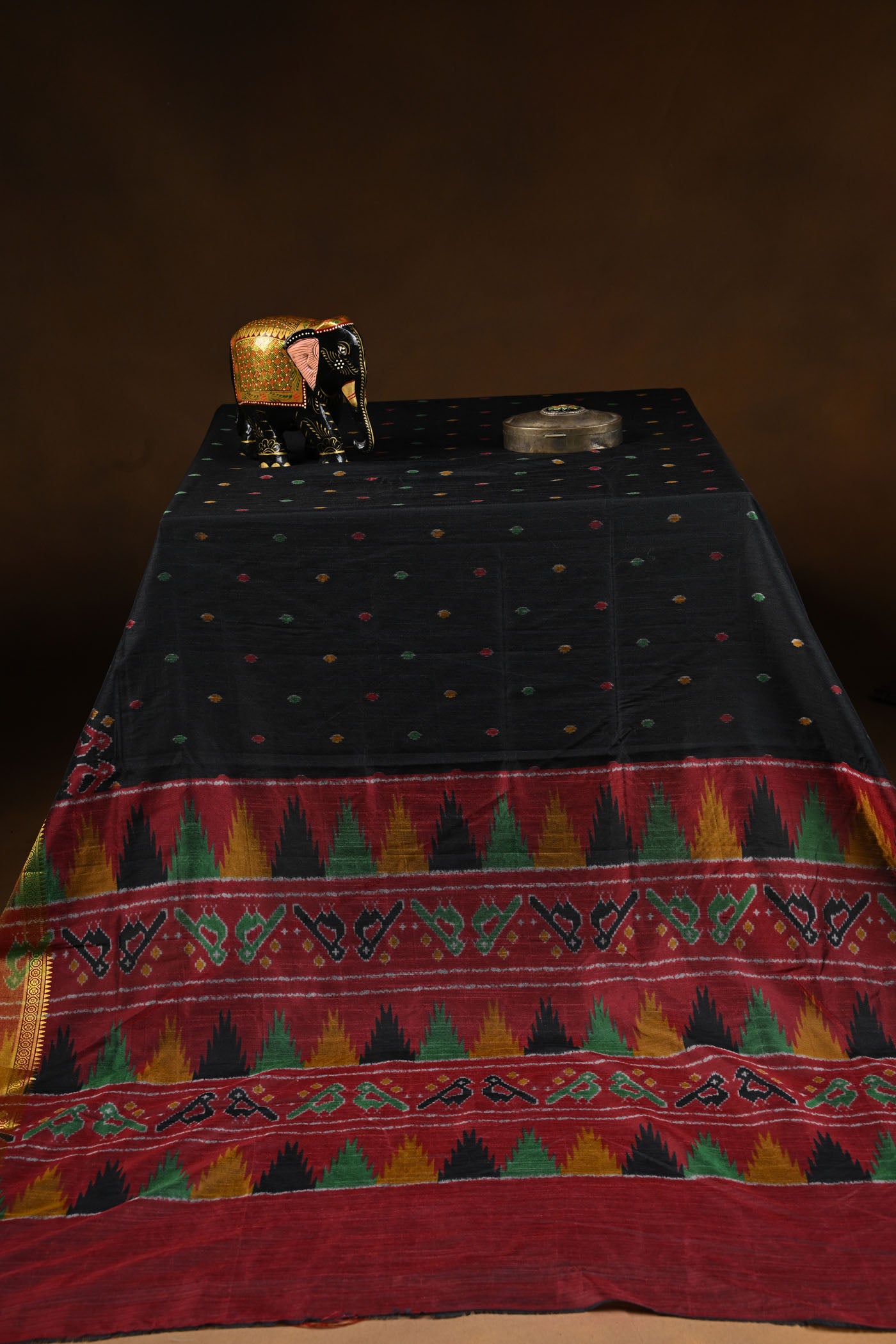 Black Silk Cotton Saree With Multicolored Bird Motif And Temple Border.