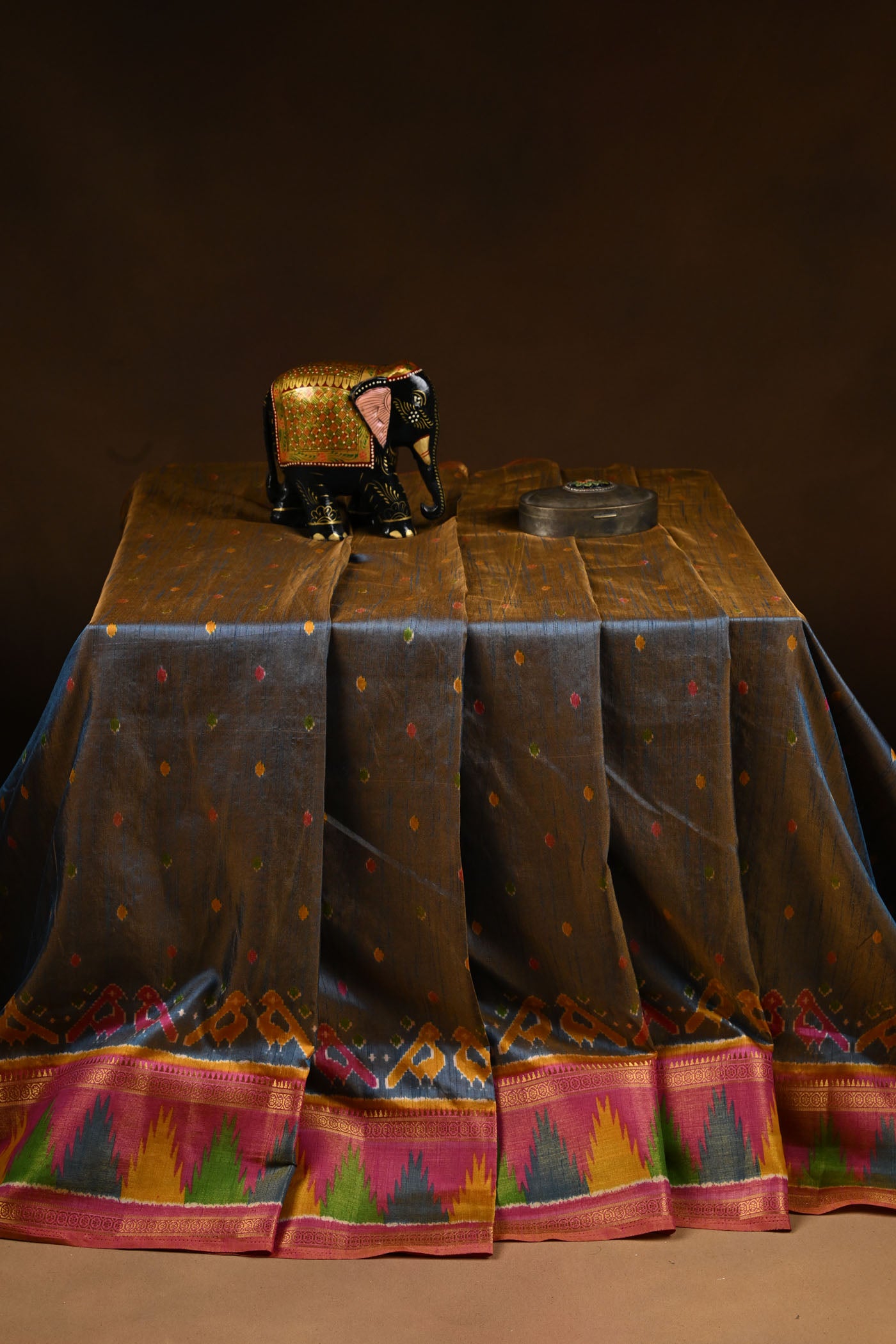 Navy Blue Silk Cotton Saree With Multicolored Bird Motif And Temple Border.