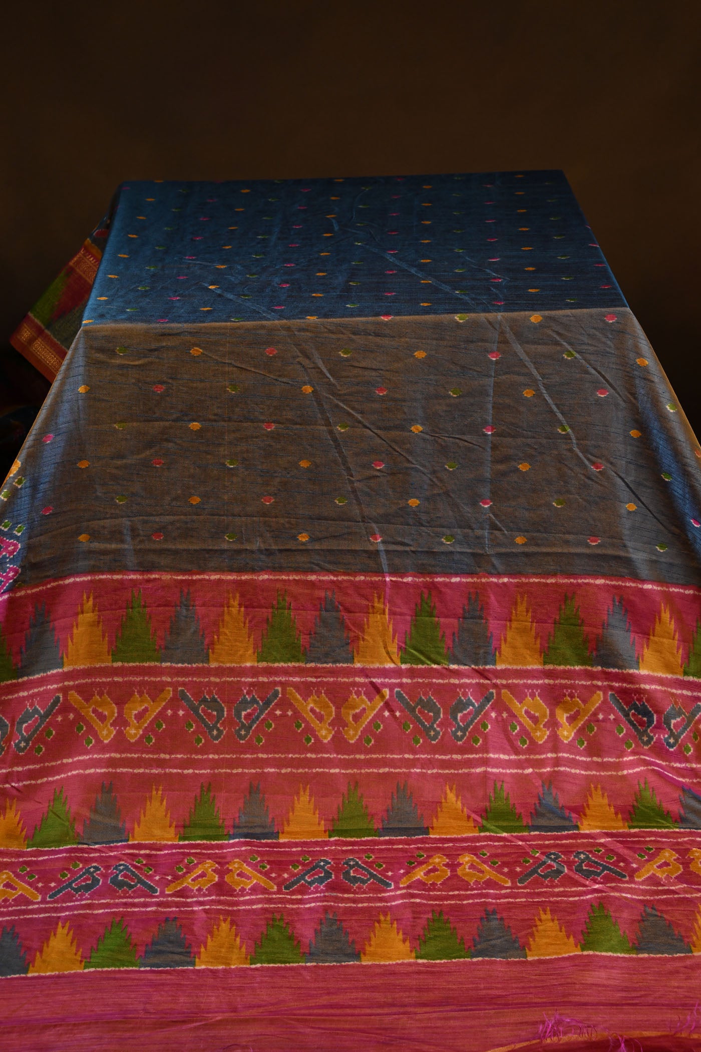 Navy Blue Silk Cotton Saree With Multicolored Bird Motif And Temple Border.