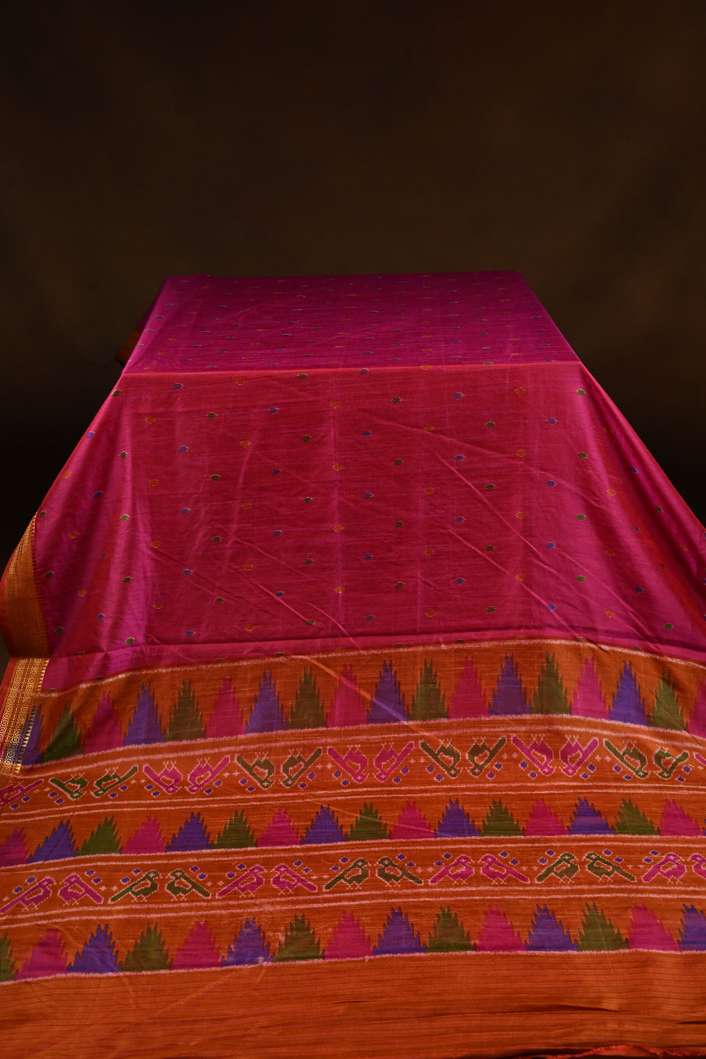 Rani Pink Silk Cotton Saree With Multicolored Bird Motif And Temple Border.