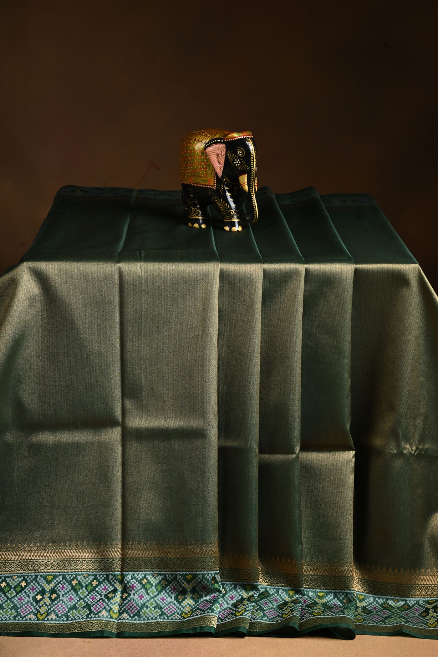 Olive Green Silk Saree With Multicolour Geometric Pallu