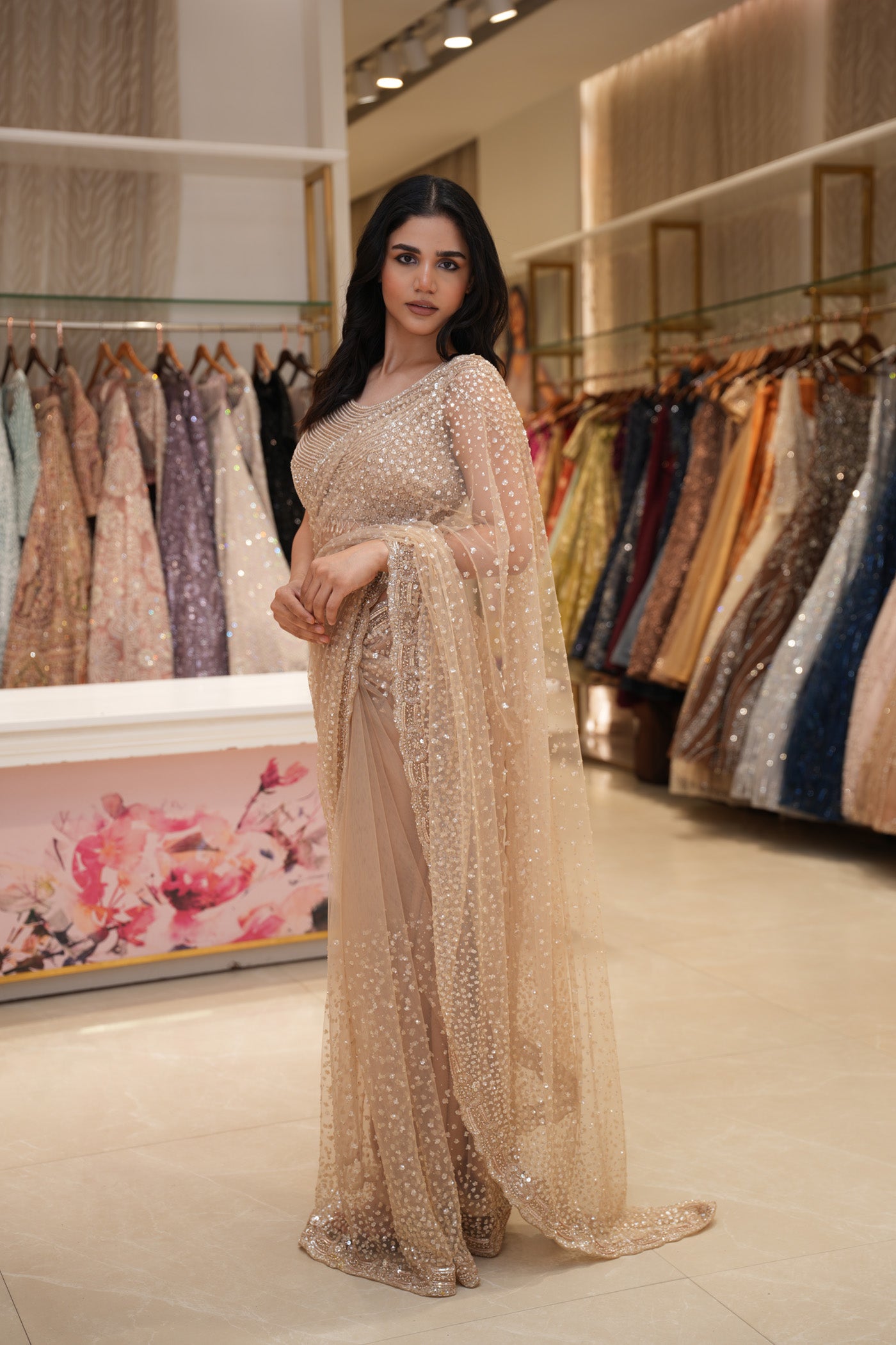 Champagne Gold Net Saree with Heavy Sequins & Embellished Blouse