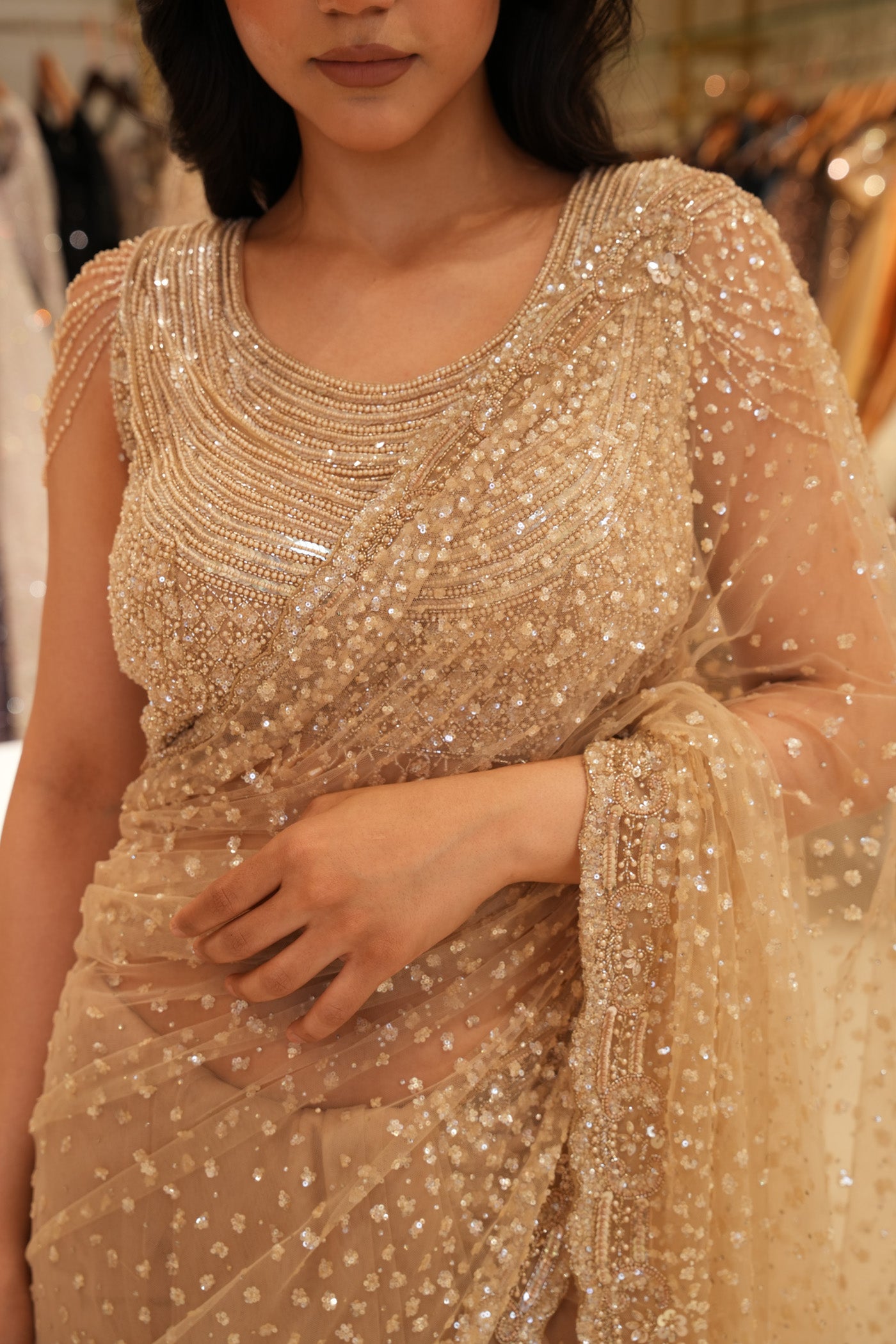 Champagne Gold Net Saree with Heavy Sequins & Embellished Blouse