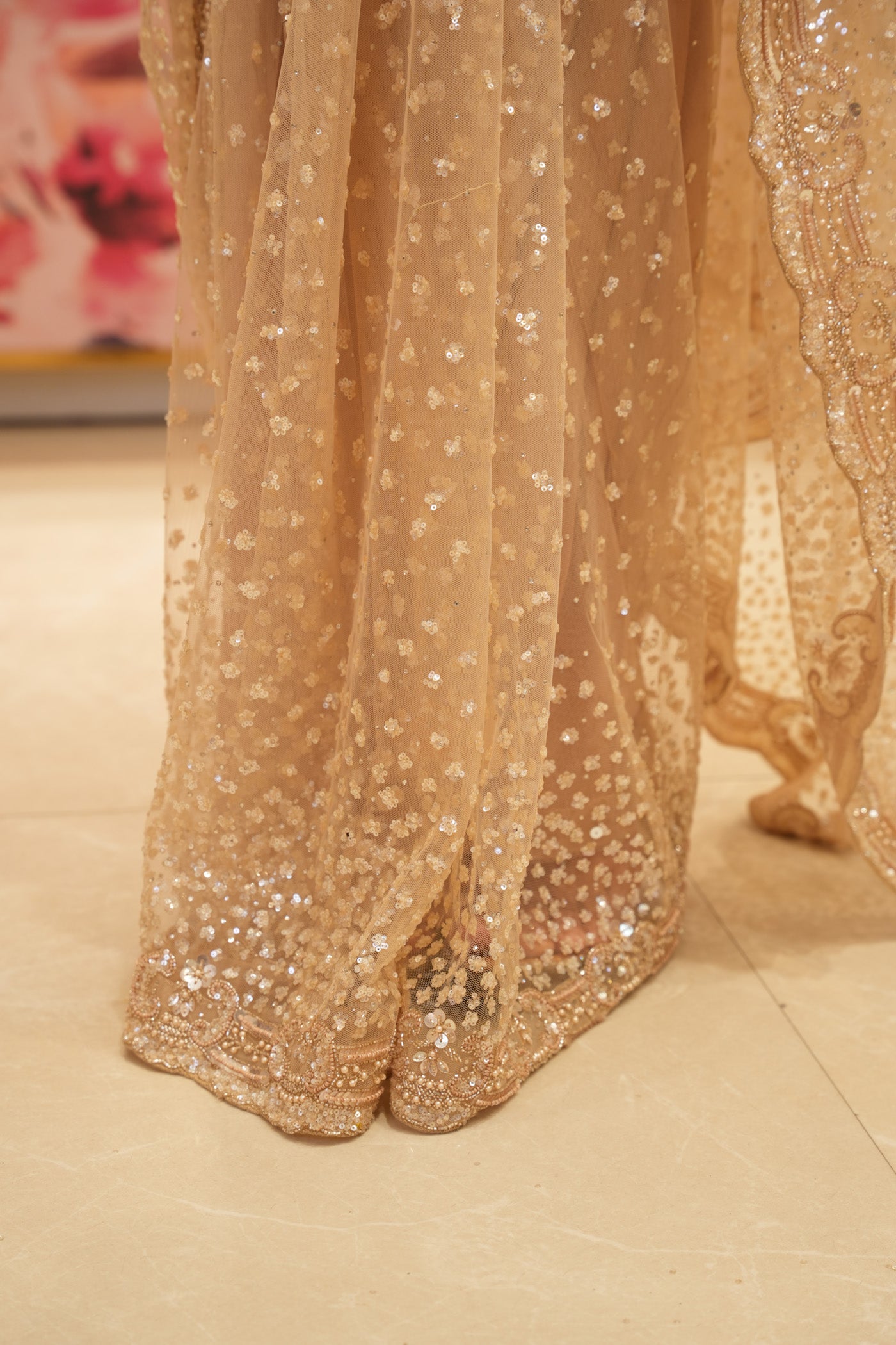 Champagne Gold Net Saree with Heavy Sequins & Embellished Blouse