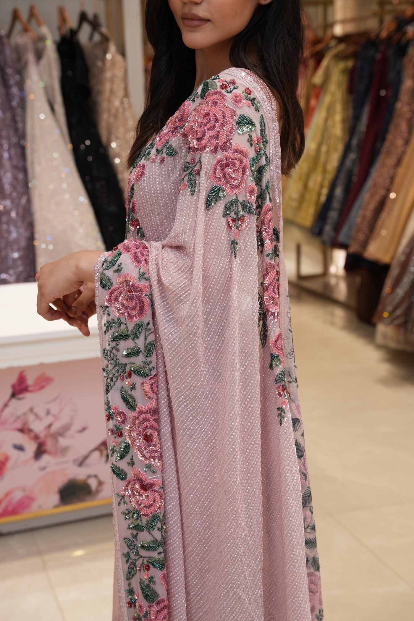 Blush Pink Georgette Saree with Heavy Floral Sequins Embroidery