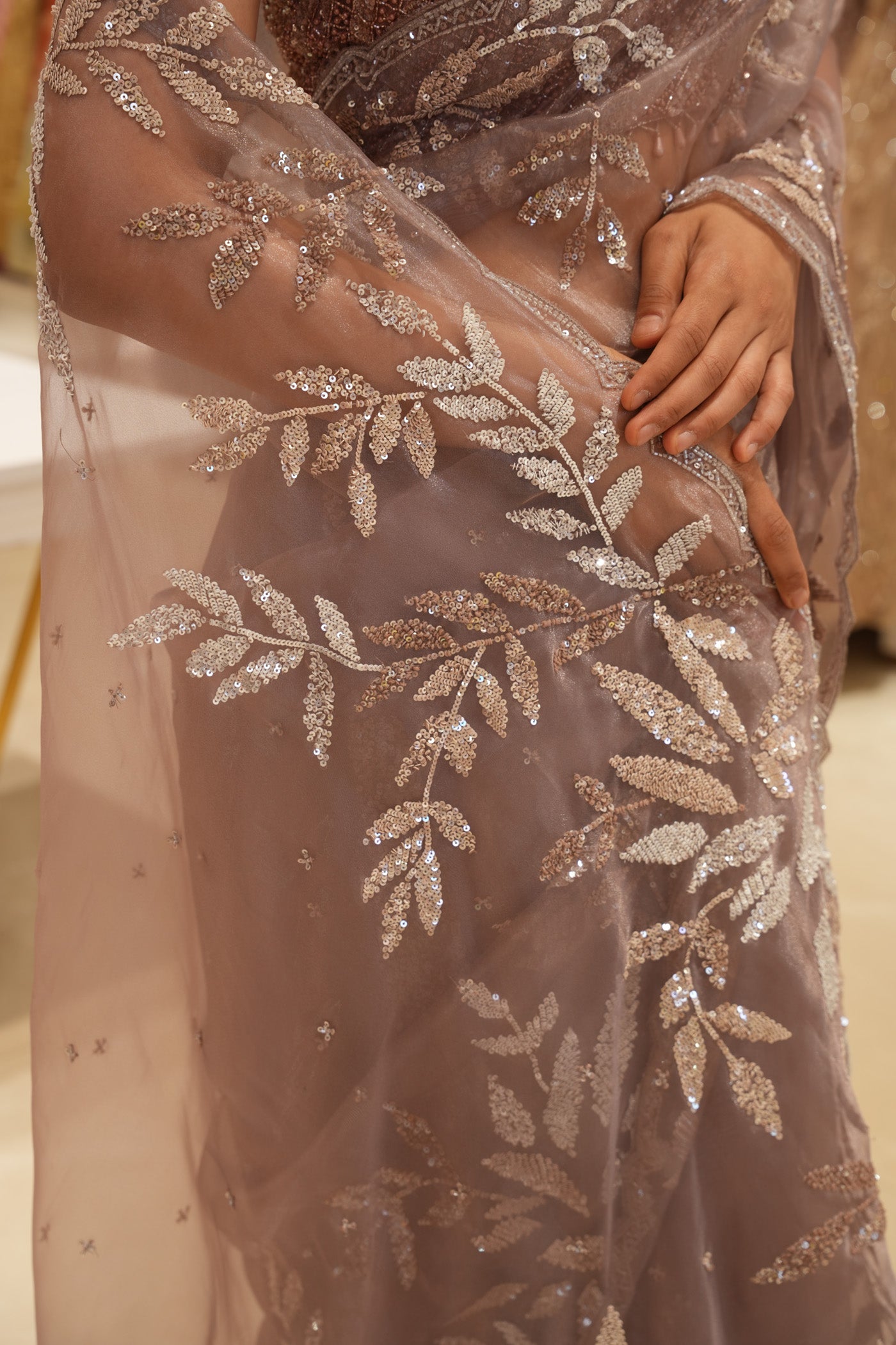 Elegant Mauve Organza Tissue Saree with Sequins Floral Embroidery