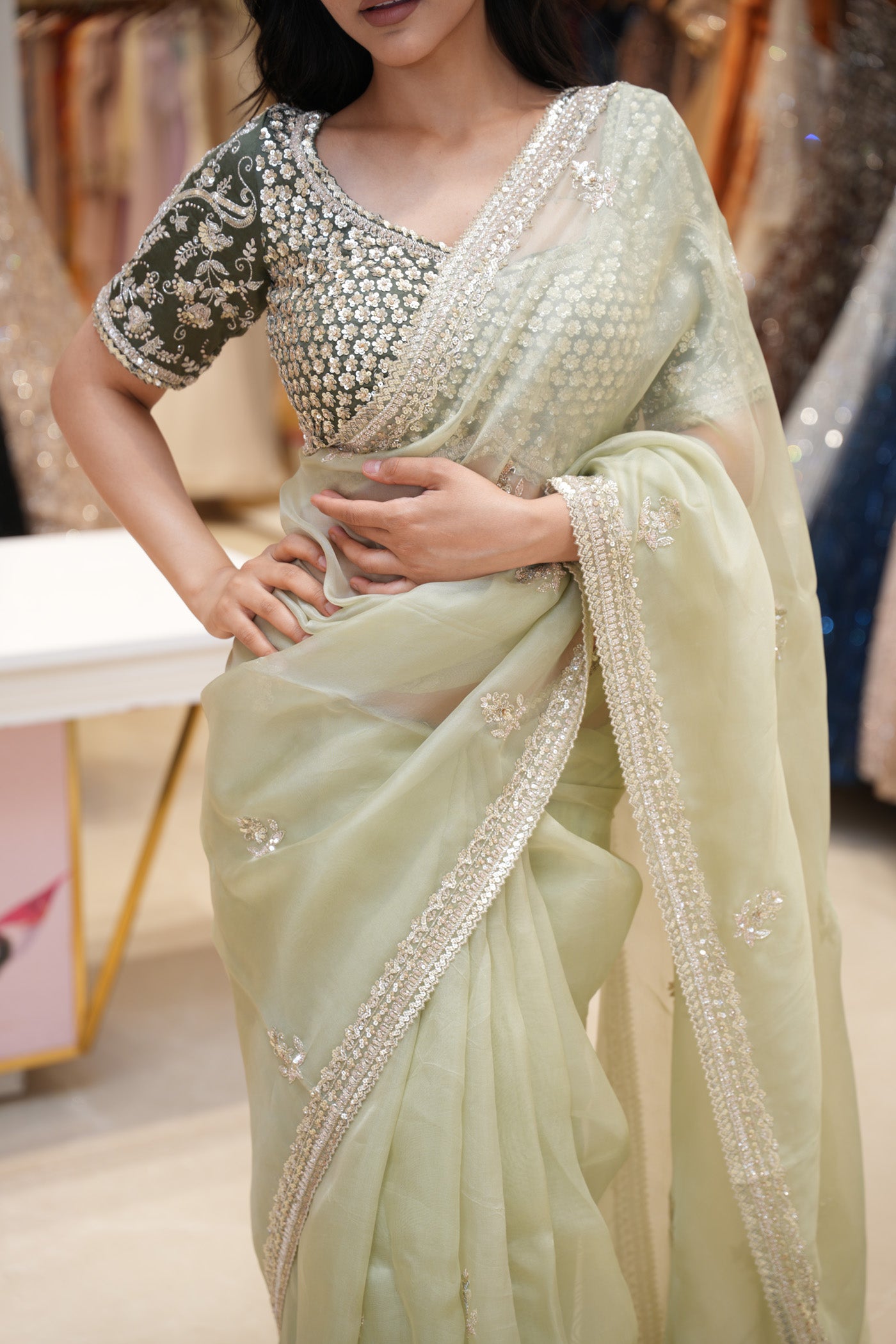 Olive Green Designer Organza Saree with Heavy Sequin & Zari Embroidered Blouse