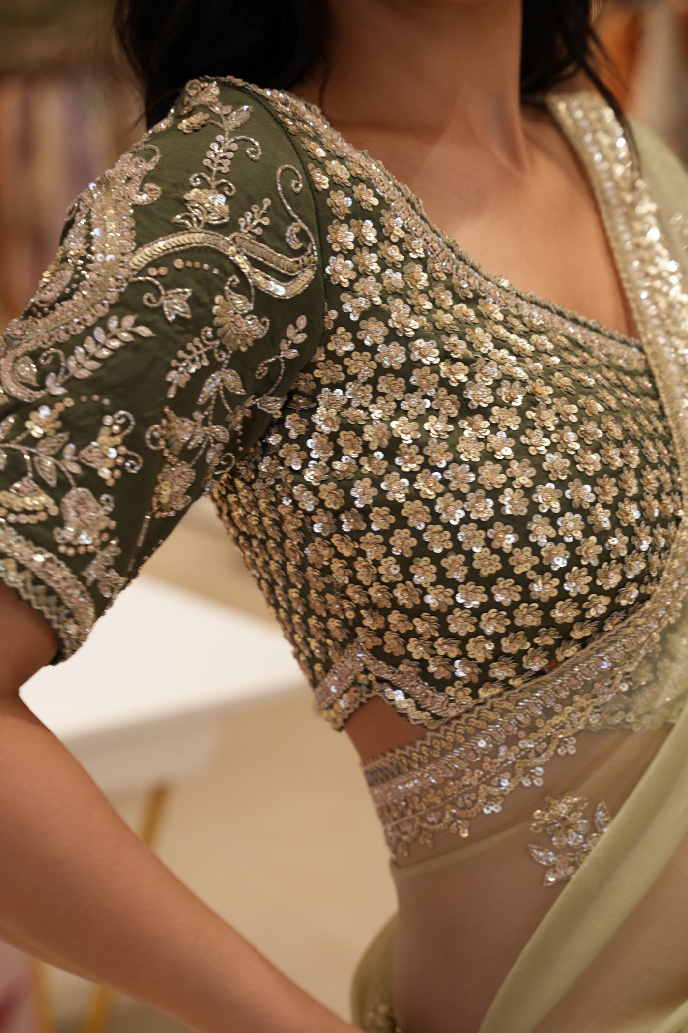 Olive Green Designer Organza Saree with Heavy Sequin & Zari Embroidered Blouse