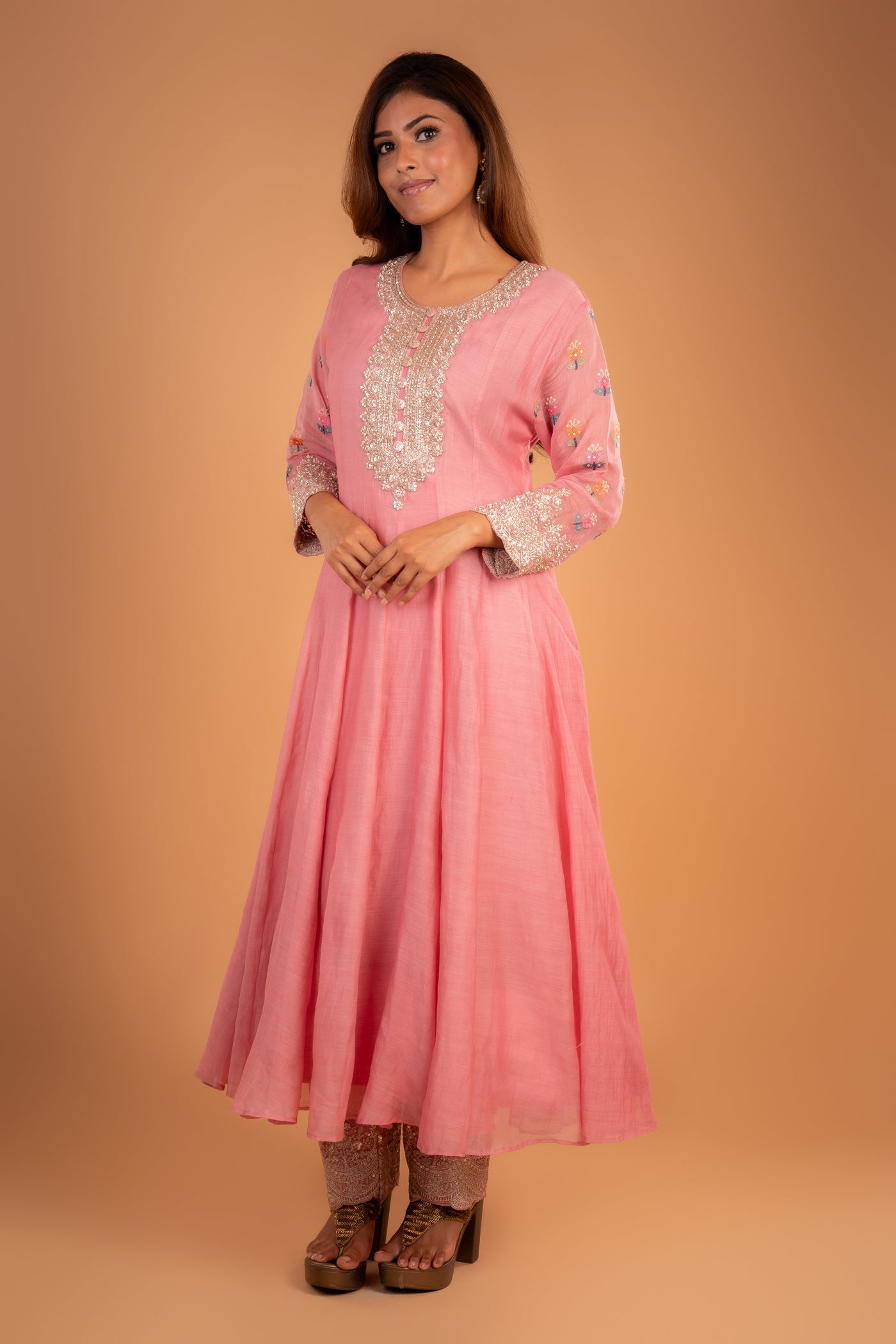Blush Pink Hand-Embroidered Anarkali with Elegant Neck Detailing comes along with a multicolored dupatta