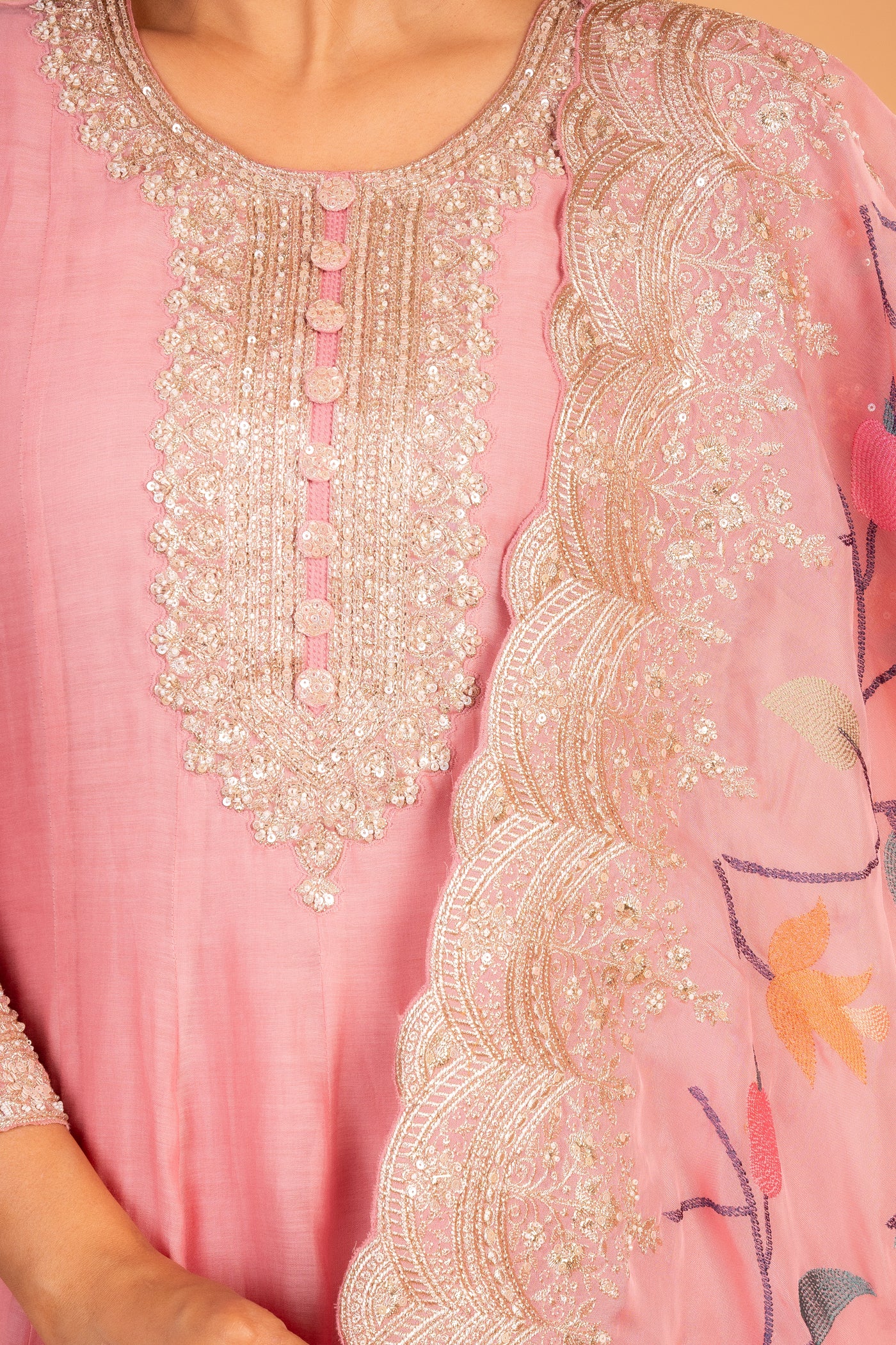 Blush Pink Hand-Embroidered Anarkali with Elegant Neck Detailing comes along with a multicolored dupatta