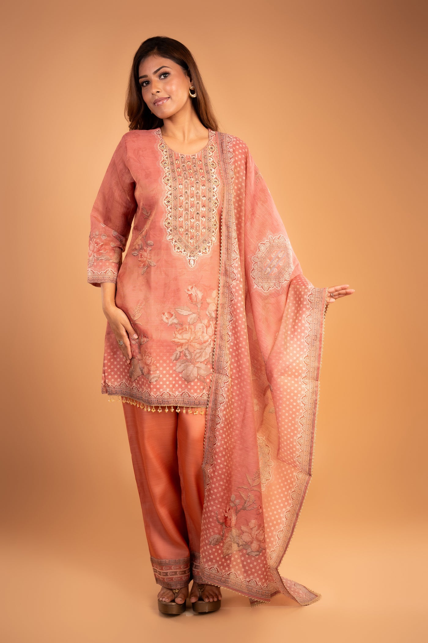 Rust Orange Kurta set with Intricate Embroidery & Floral Print
