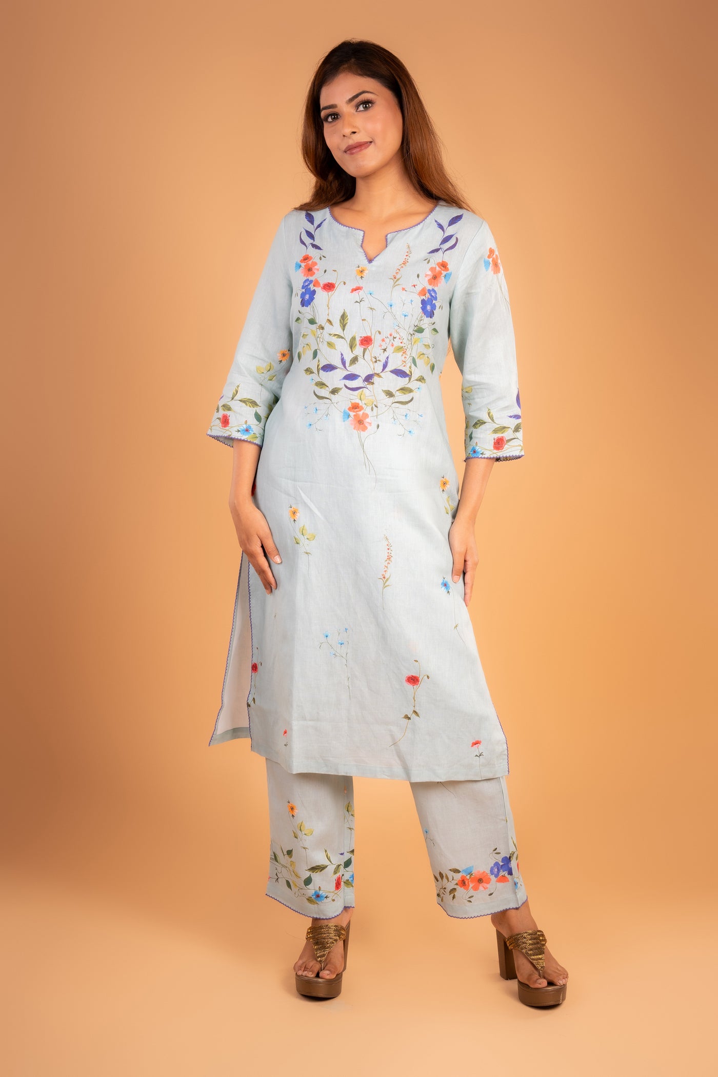 Pastel Sky Blue muslin co-ord set with Floral Print