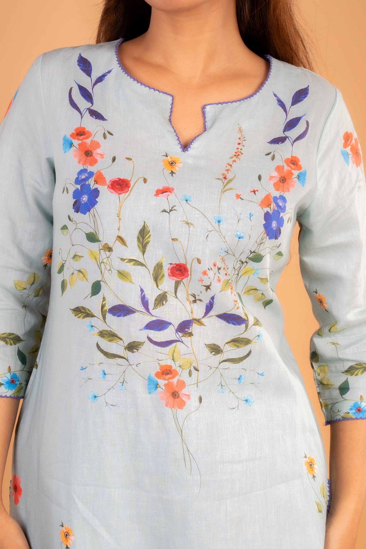 Pastel Sky Blue muslin co-ord set with Floral Print
