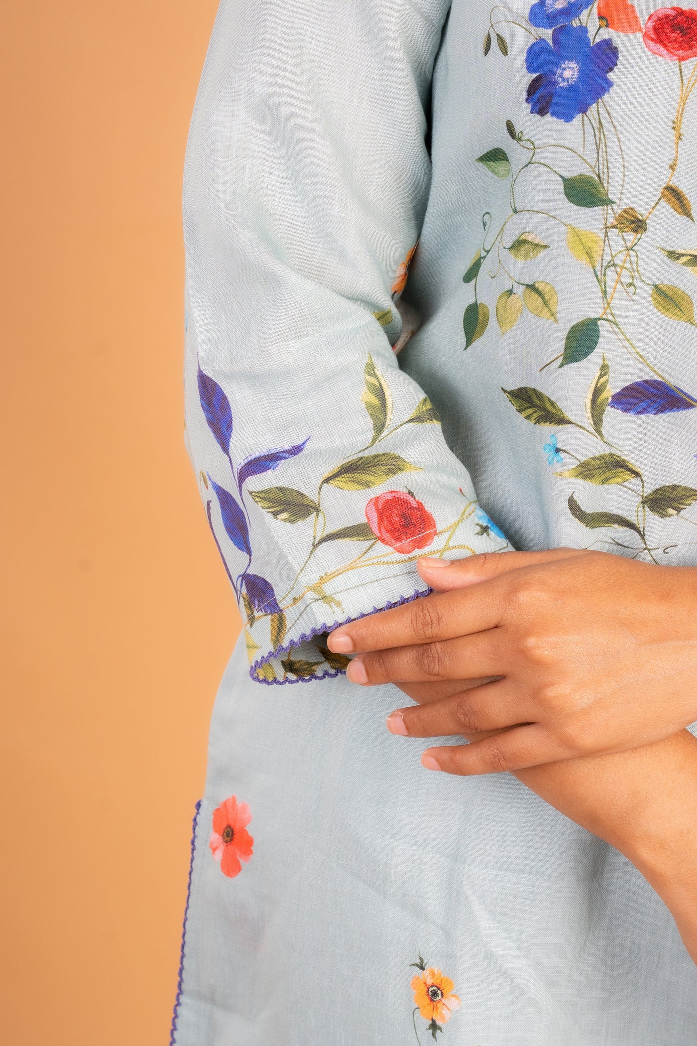 Pastel Sky Blue muslin co-ord set with Floral Print