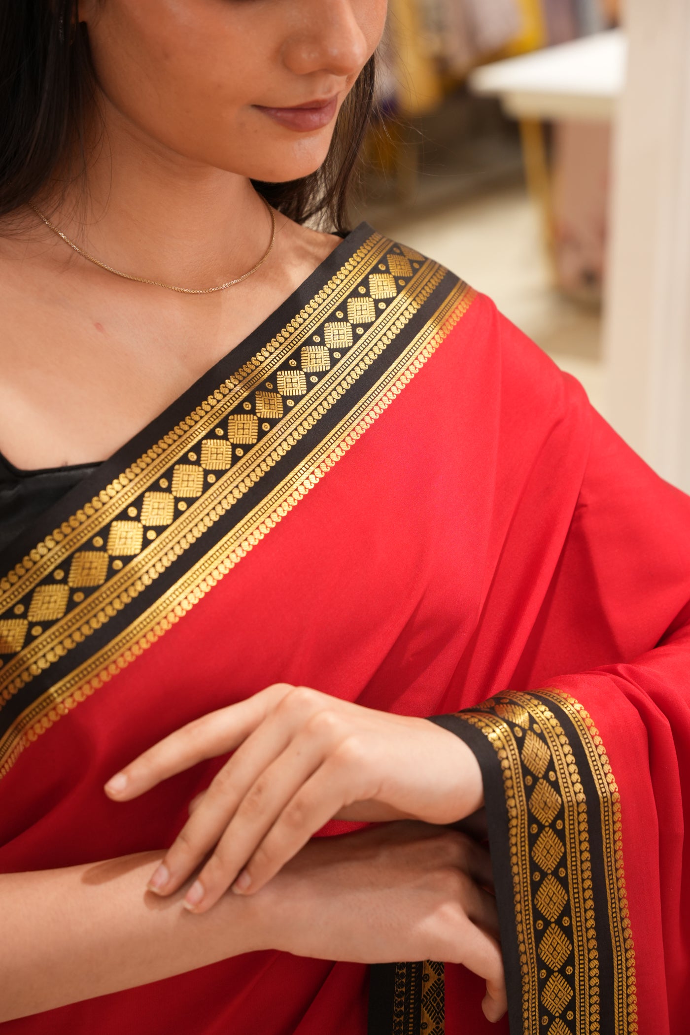 Ruby Red & Black Silk Saree with Gold Zari Border