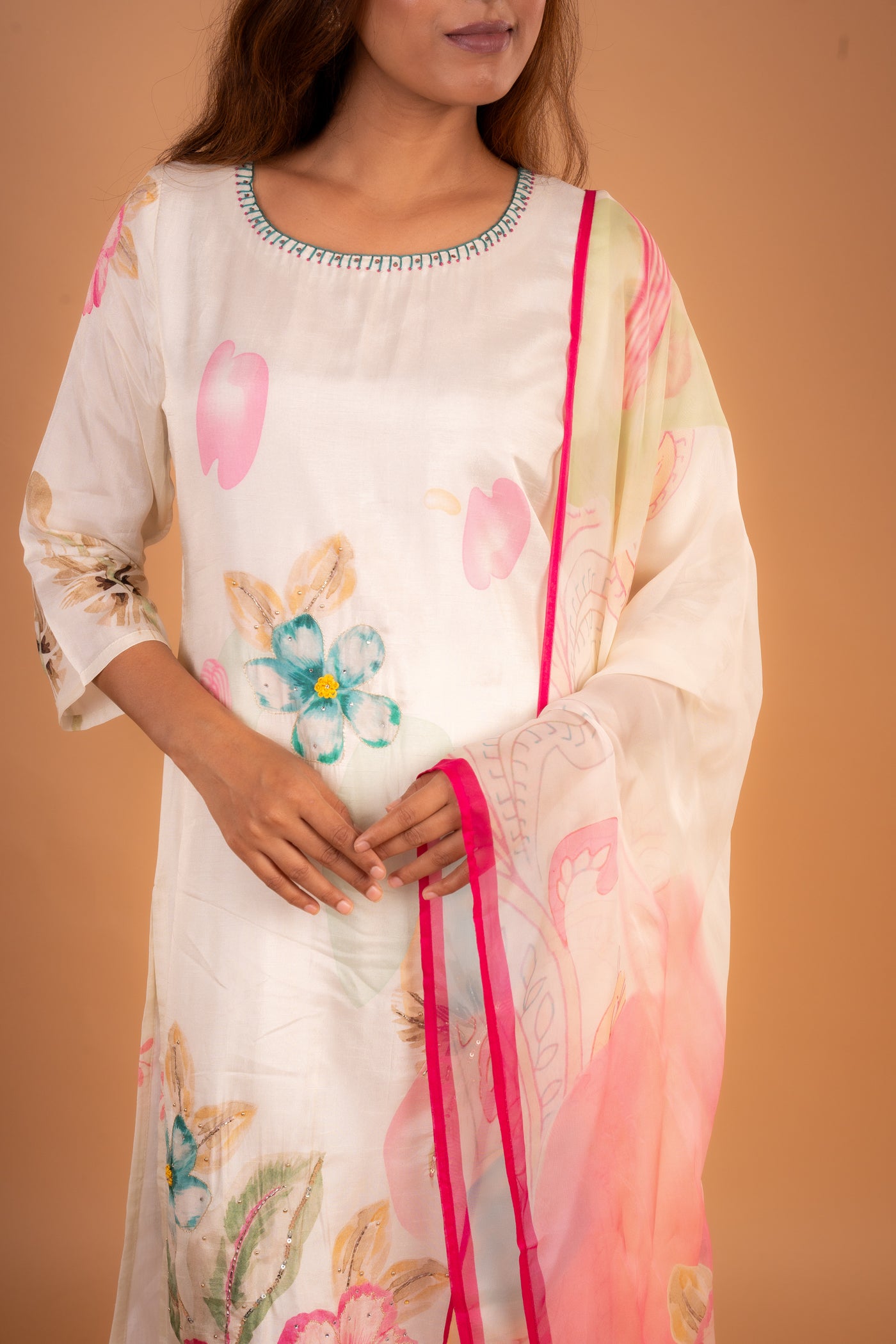 Ivory Cream Chanderi Kurta set with Abstract Floral Print