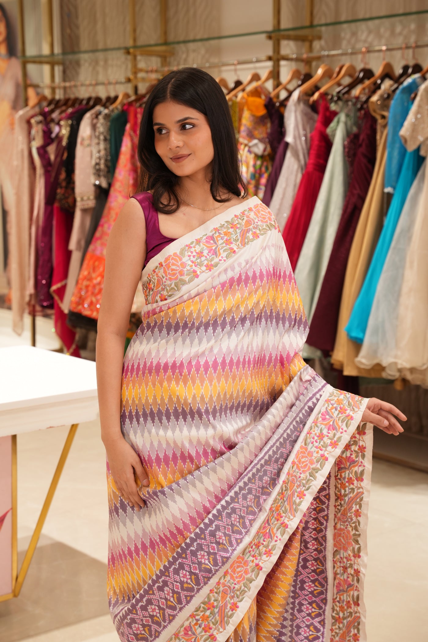 White Multicolour hand woven ikkat fusion Saree with petite point Border