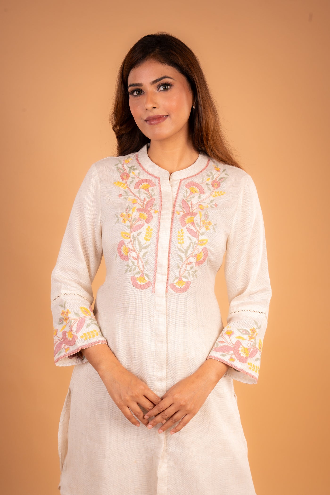 Beige Linen co-ord set with Elegant Floral Embroidery