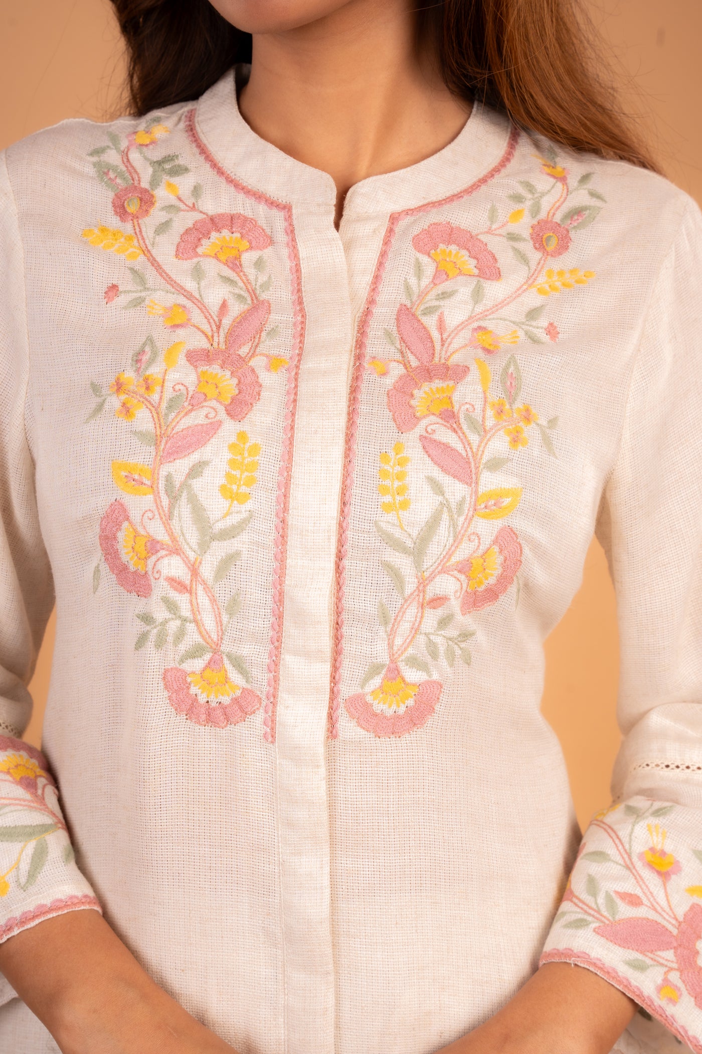 Beige Linen co-ord set with Elegant Floral Embroidery