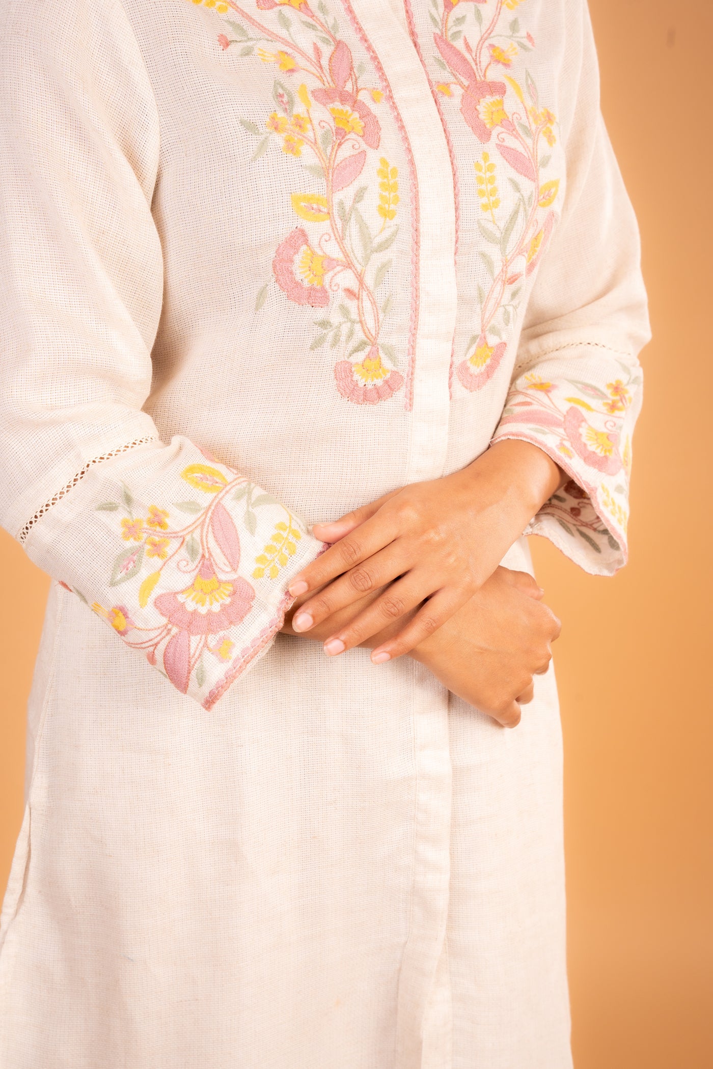 Beige Linen co-ord set with Elegant Floral Embroidery