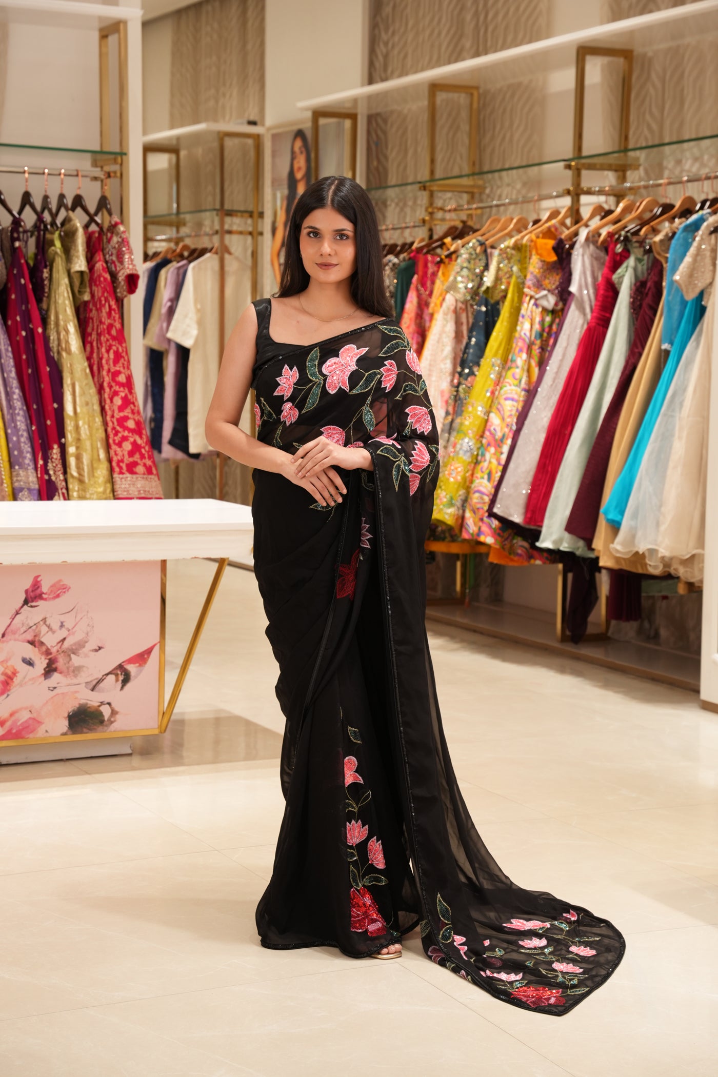 Black Floral Hand Embroidered Saree with Pink and green Sequin Detailing