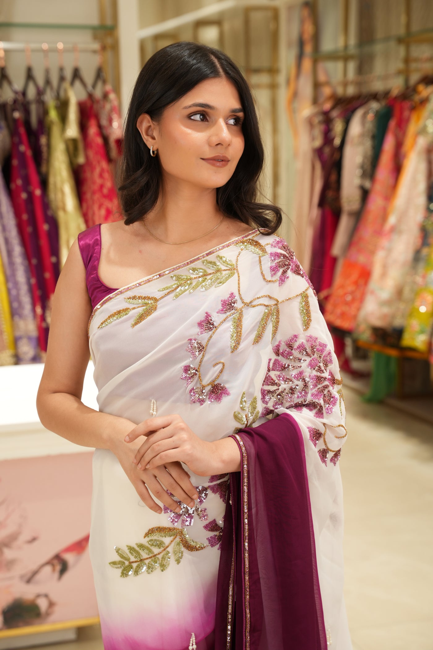 Elegant Ombre White & Deep Magenta shaded Floral Saree