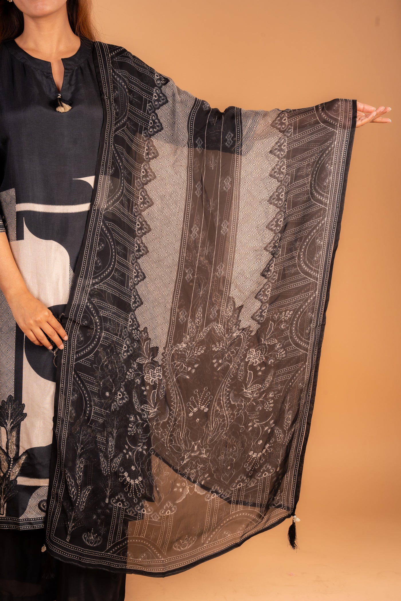 Black Elegant Embroidered Kurta set with Beige Floral Panel