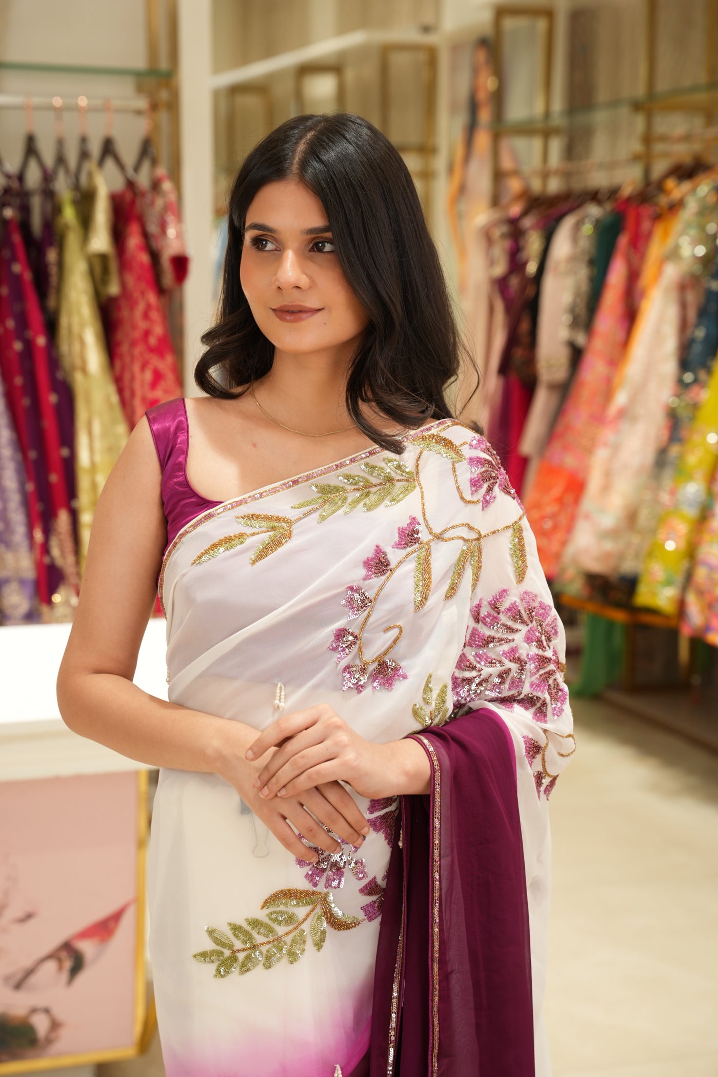 Elegant Ombre White & Deep Magenta shaded Floral Saree