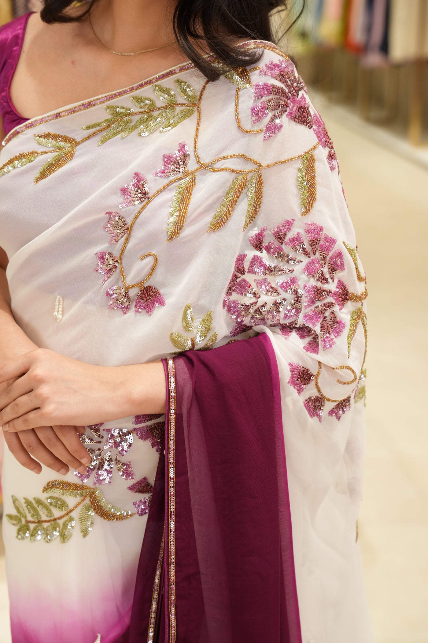 Elegant Ombre White & Deep Magenta shaded Floral Saree
